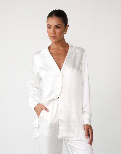 Evann Shirt (White) | Button Up Satin Shirt - Women's Top - Charcoal Clothing