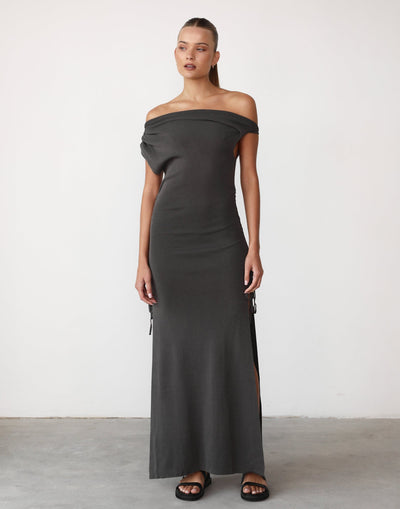 Original Sin Dress (Slate) - By Lioness- Asymmetrical High Slit Maxi Dress - Women's Dress - Charcoal Clothing