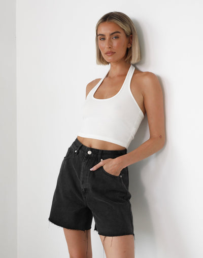 Jordan Denim Shorts (Dark Grey) | Charcoal Clothing Exclusive - Long Denim Frayed Shorts - Women's Shorts - Charcoal Clothing