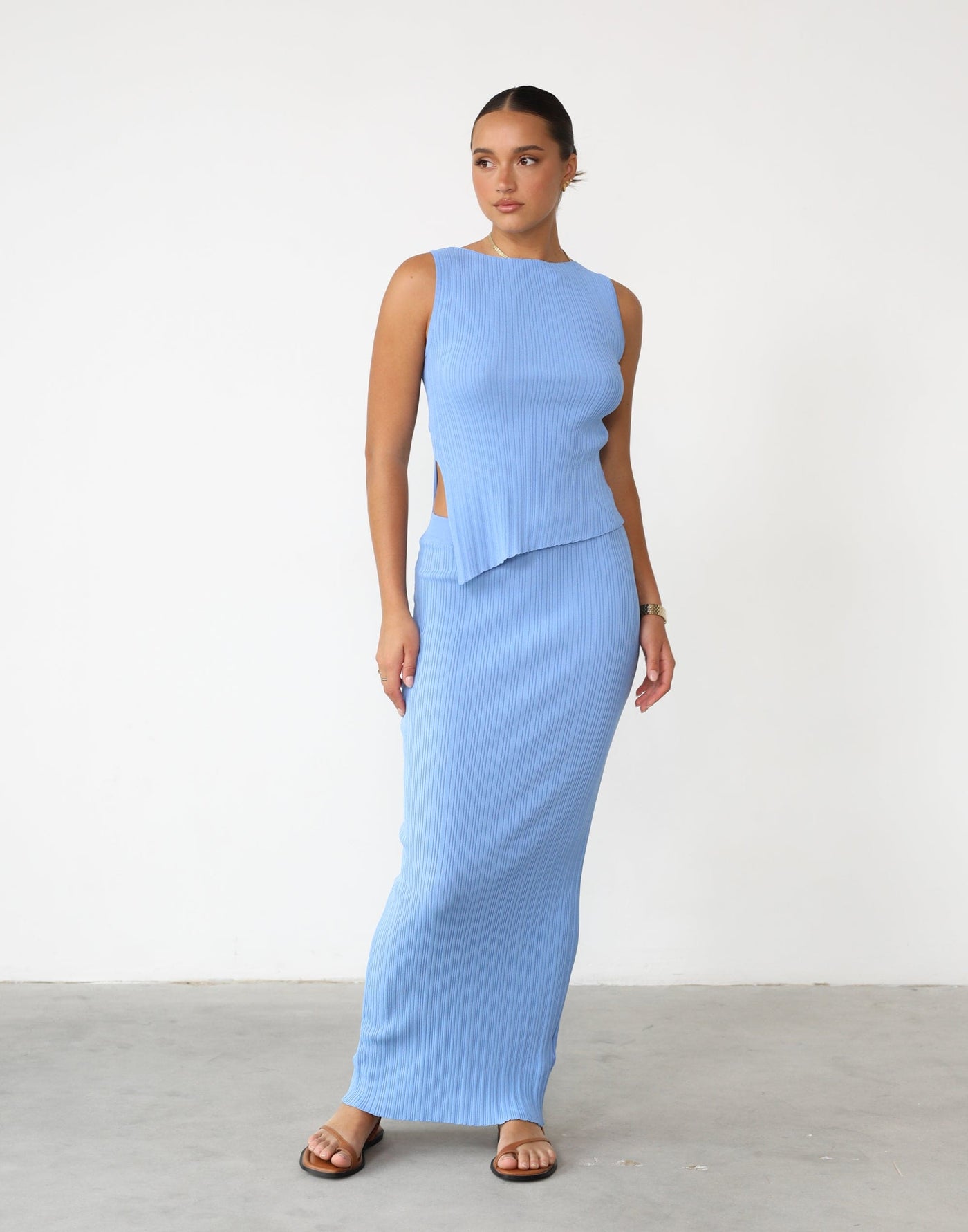 Kienna Maxi Skirt (Ocean Blue) - Elasticated Waist Ribbed Maxi Skirt - Women's Skirt - Charcoal Clothing