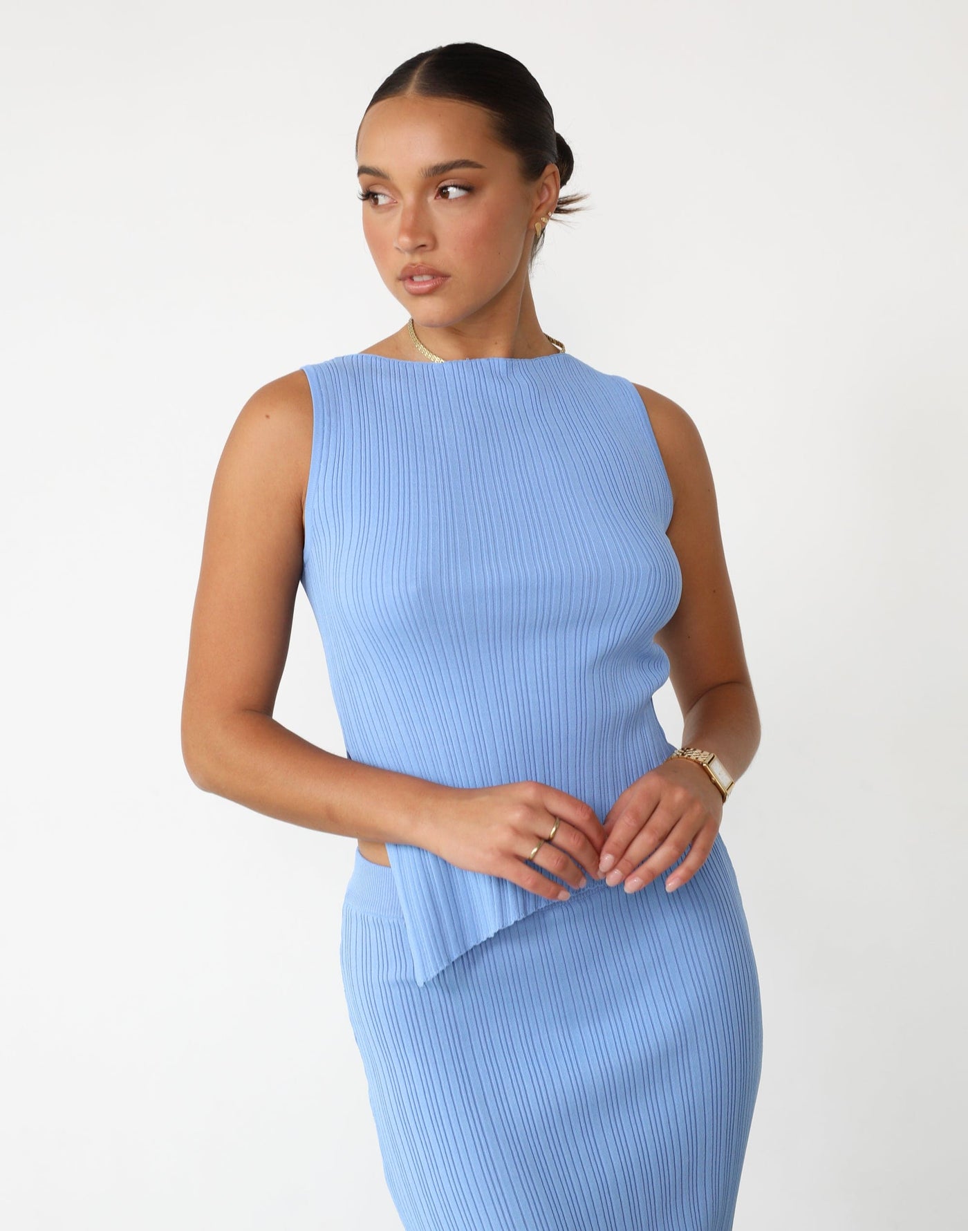 Kienna Top (Ocean Blue) - Asymmetrical Hem Ribbed Top - Women's Top - Charcoal Clothing
