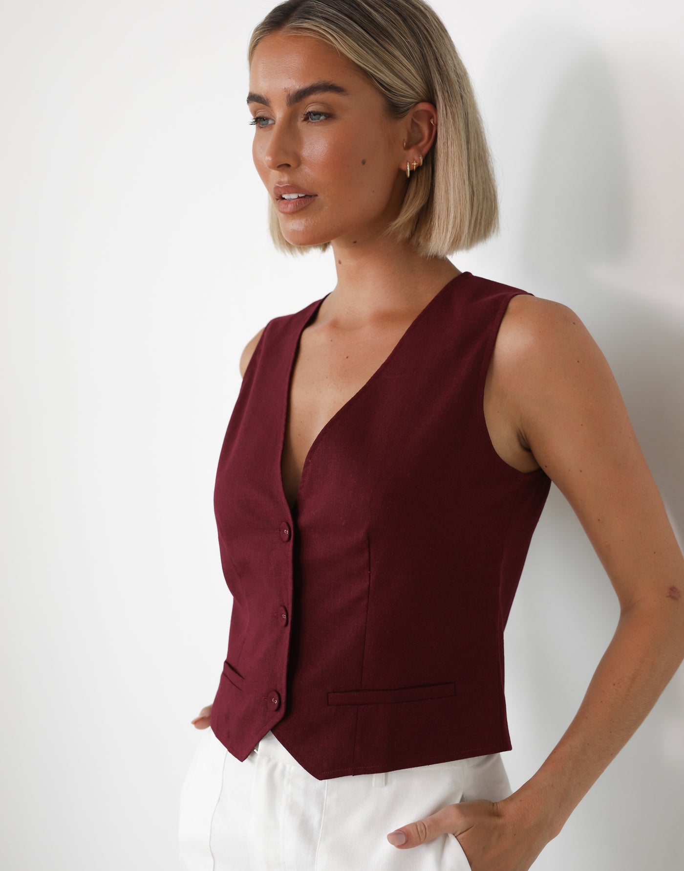 Rania Linen Vest (Shiraz) | Charcoal Clothing Exclusive - Relaxed V Neck Vest - Women's Top - Charcoal Clothing