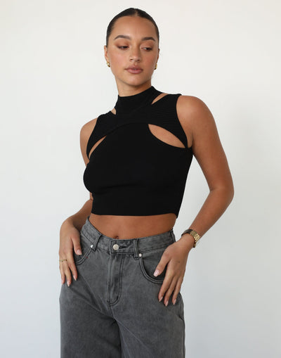Lyka Top (Black) - High Neck Cropped Cut Out Top - Women's Tops - Charcoal Clothing