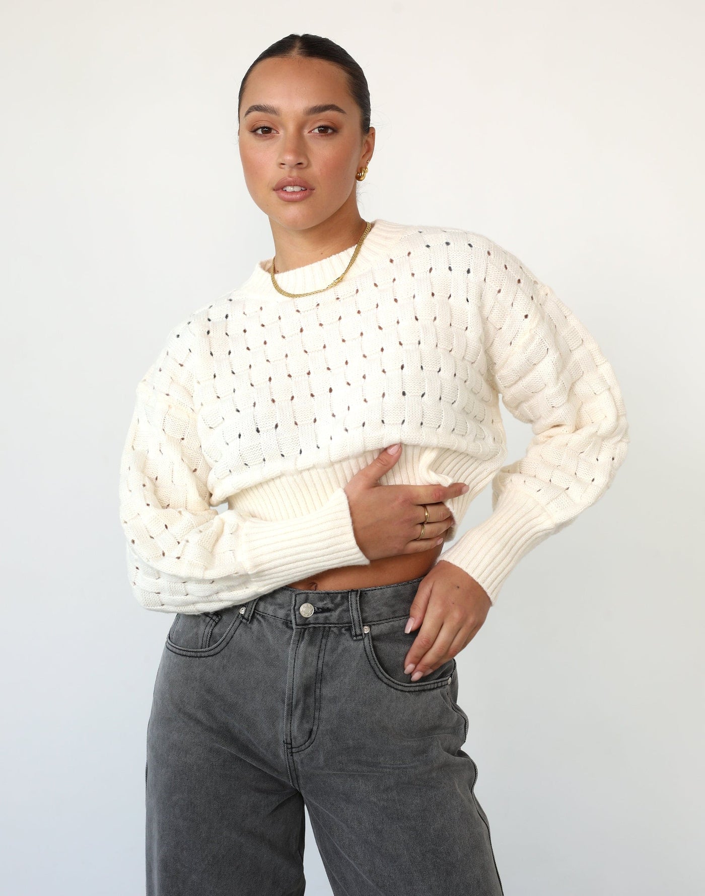 Rivera Jumper (Cream) - Cropped Weave Knit Detail Jumper - Women's Tops - Charcoal Clothing