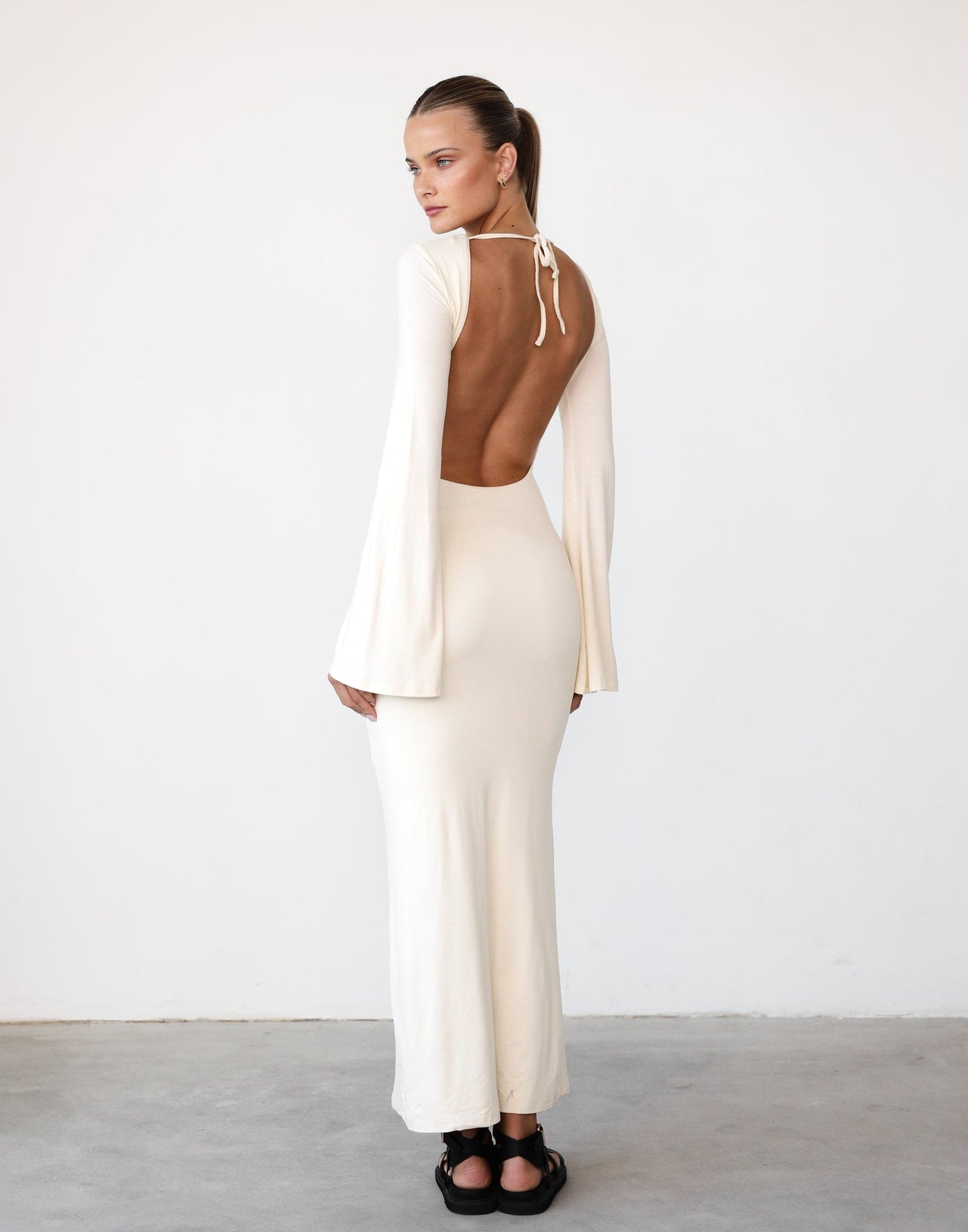 Carina Long Sleeve Maxi Dress (Cream) - Backless Flare Sleeve Bodycon Maxi - Women's Dress - Charcoal Clothing