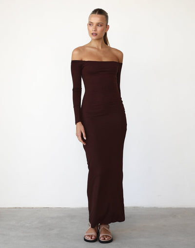 Iris Maxi Dress (Cocoa) - Off Shoulder Long Sleeve Maxi Dress - Women's Dress - Charcoal Clothing