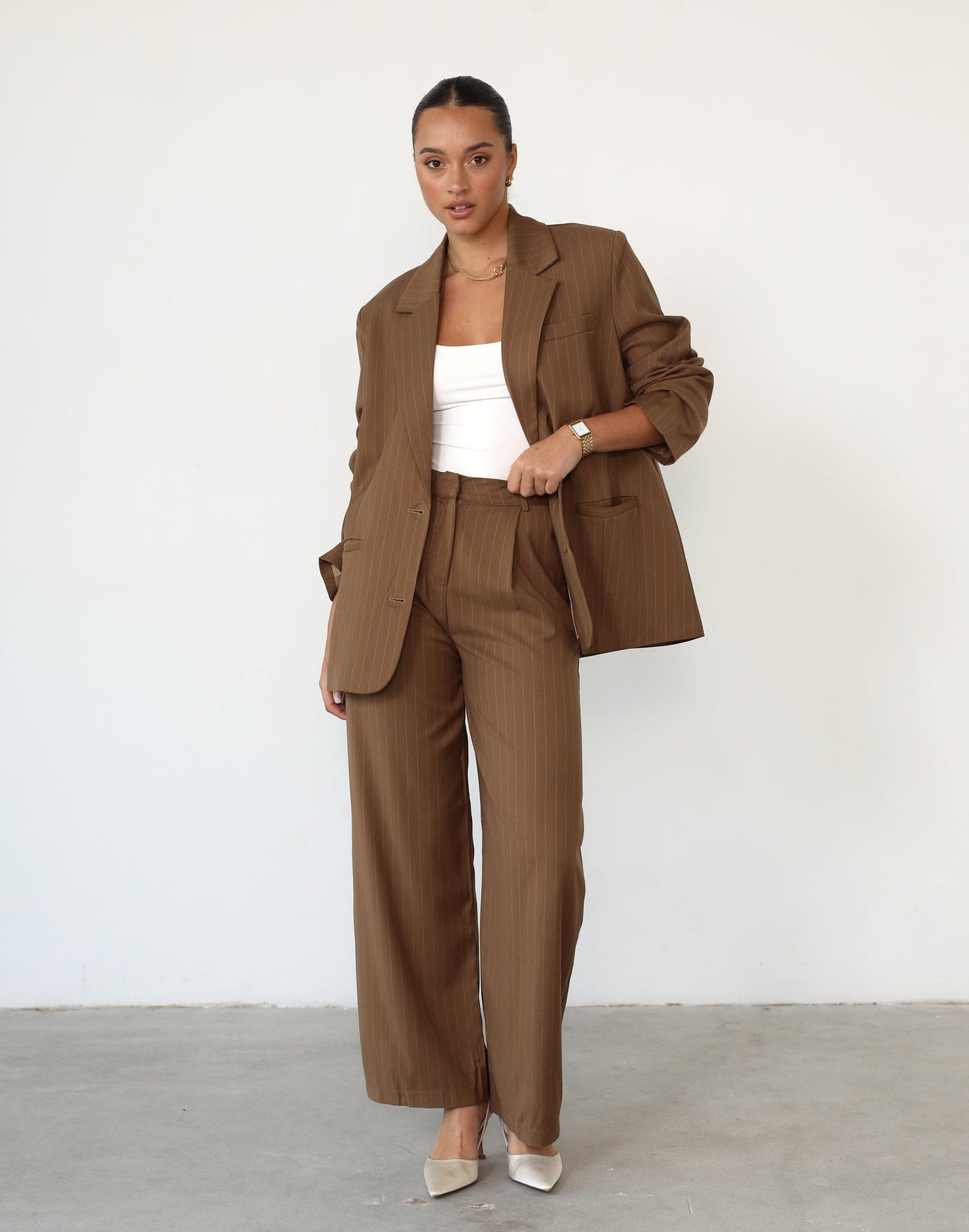 Devyn Blazer (Brown Pinstripe) - Dual Button Deep V Neck Blazer - Women's Outerwear - Charcoal Clothing