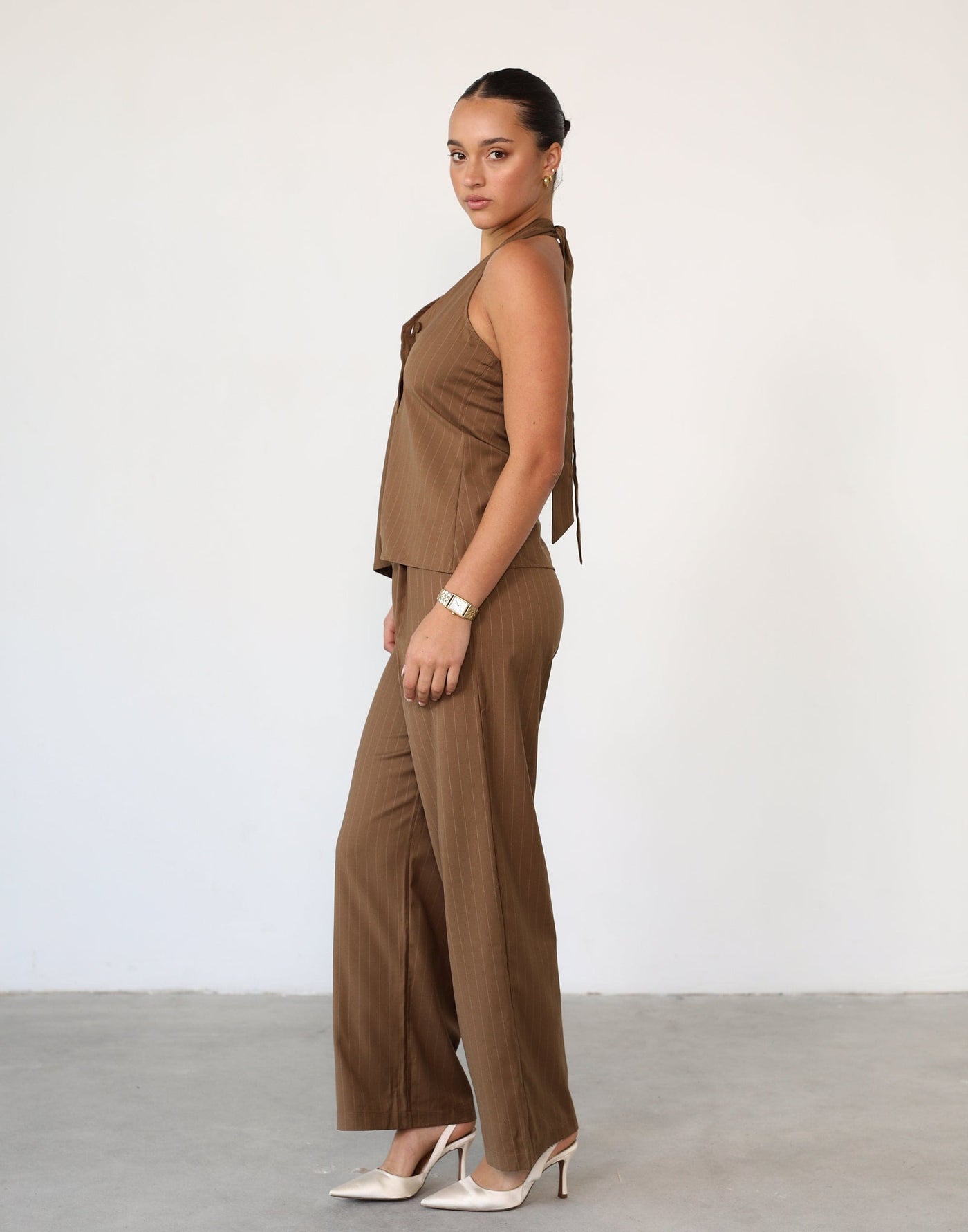 Devyn Pants (Brown Pinstripe) - High Rise Business Straight Leg Pant - Women's Pants - Charcoal Clothing