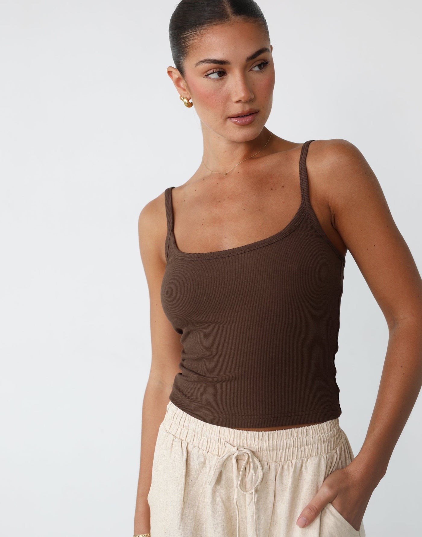 Malina Cami Top (Brown) - Ribbed Bodycon Crop Top - Women's Top - Charcoal Clothing