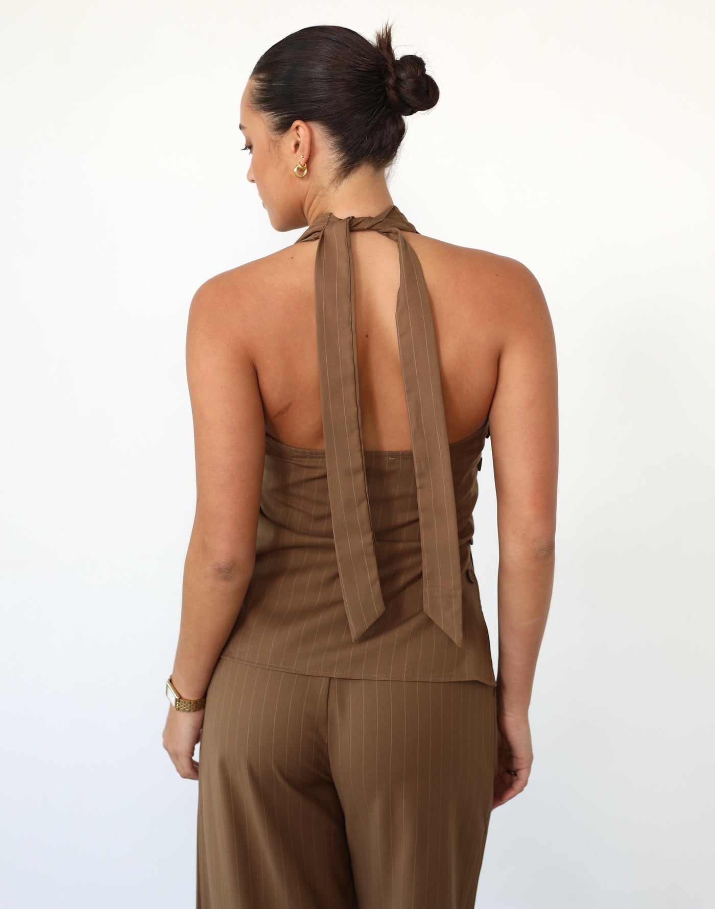 Devyn Halter Top (Brown Pinstripe) - V Neck Button Up Low Back Vest Top - Women's Tops - Charcoal Clothing