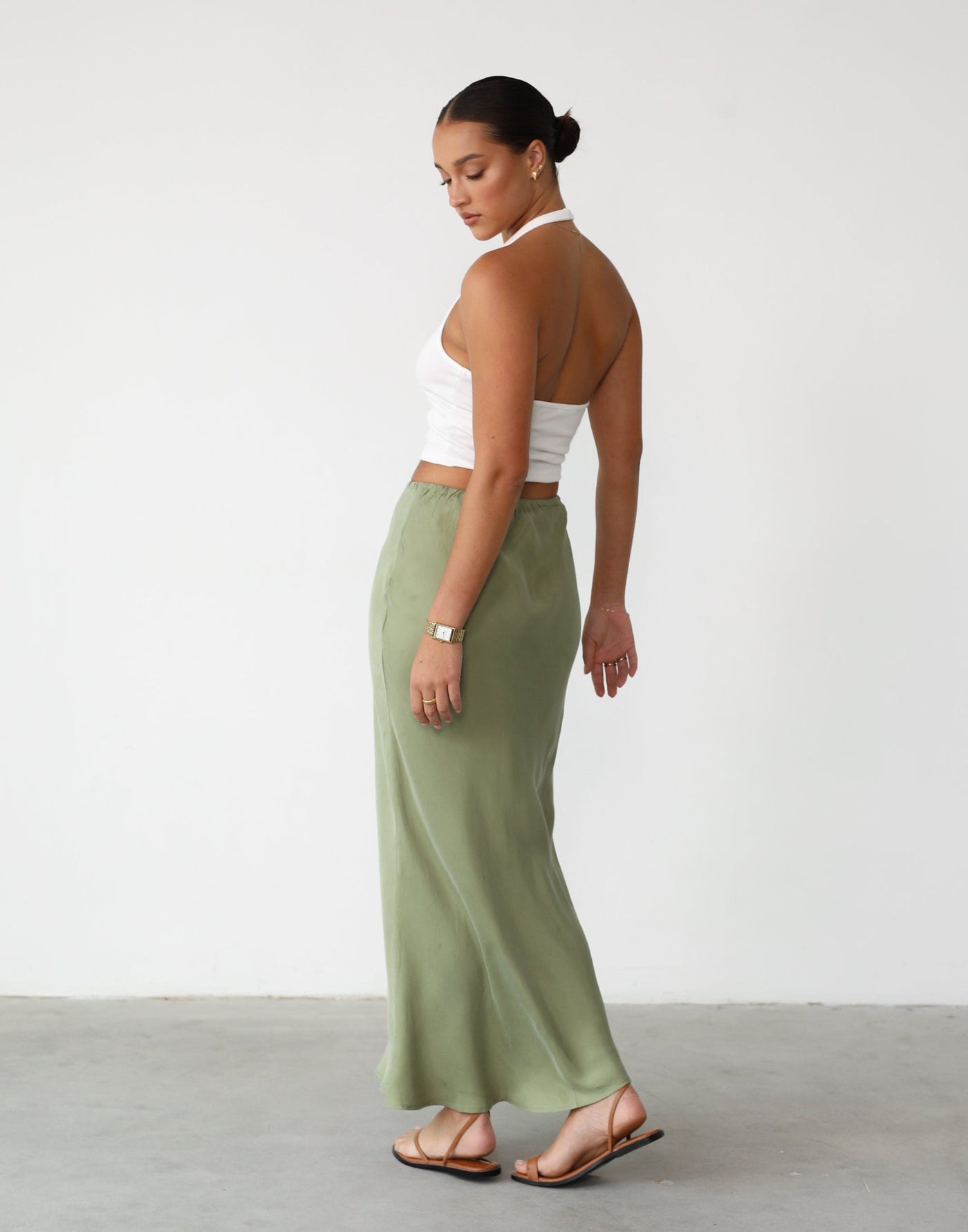 Amalie Maxi Skirt (Pistachio) - Light Green Elasticated Tie Up Maxi Skirt - Women's Skirt - Charcoal Clothing