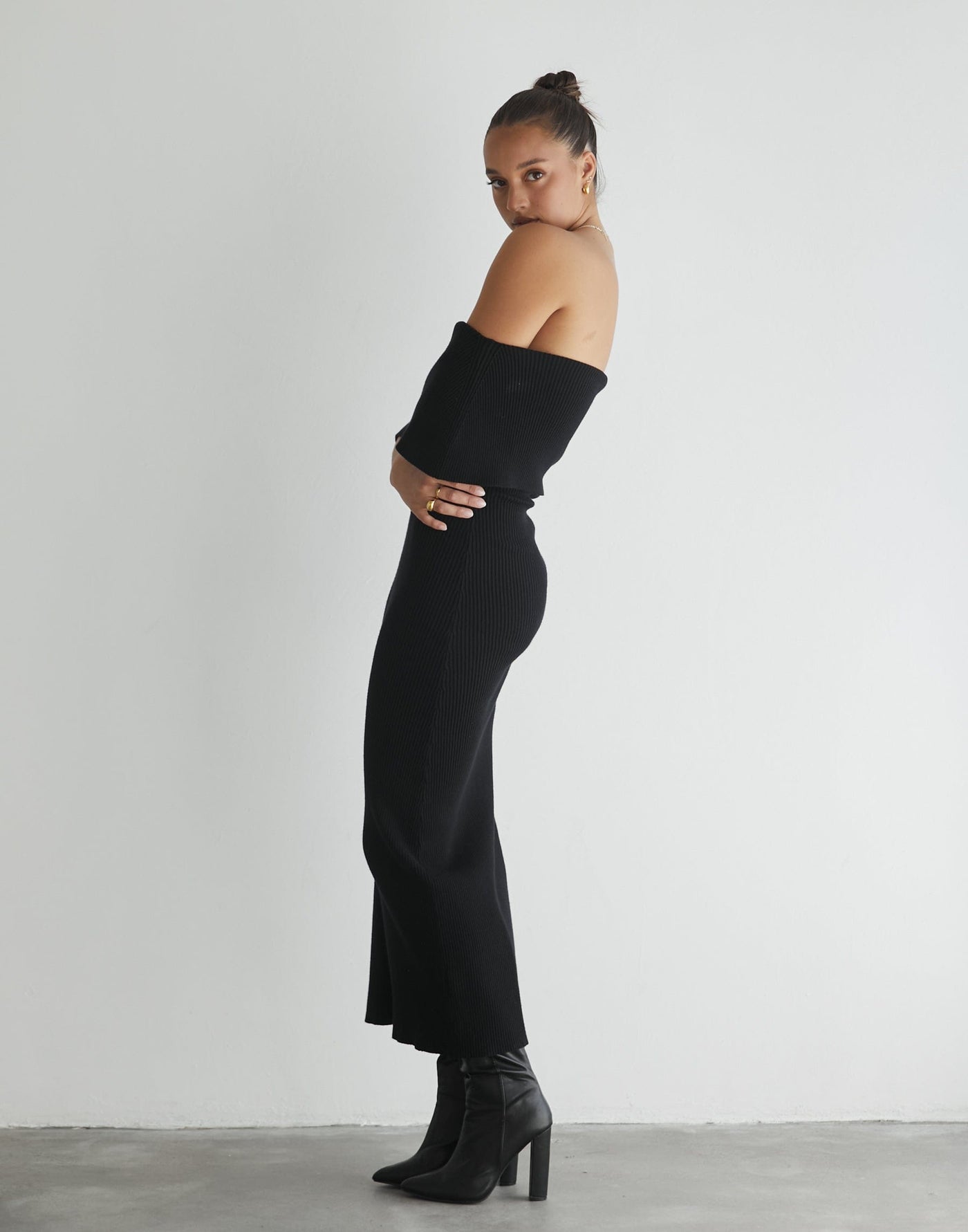 Ambiguity Maxi Dress (Black) - Black Knit Off The Shoulder Maxi Dress - Women's Dress - Charcoal Clothing