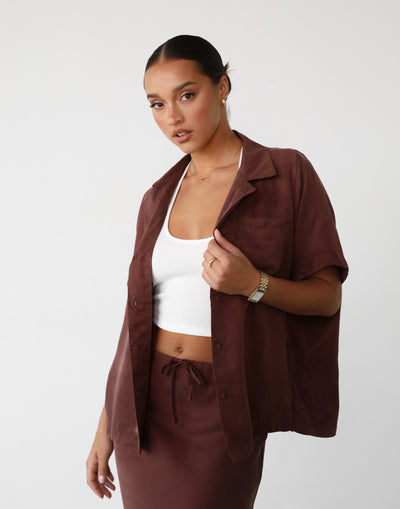 Amalie Shirt (Chestnut) - Cocoa Brown Short Sleeve Button Up Cupro Shirt - Women's Top - Charcoal Clothing