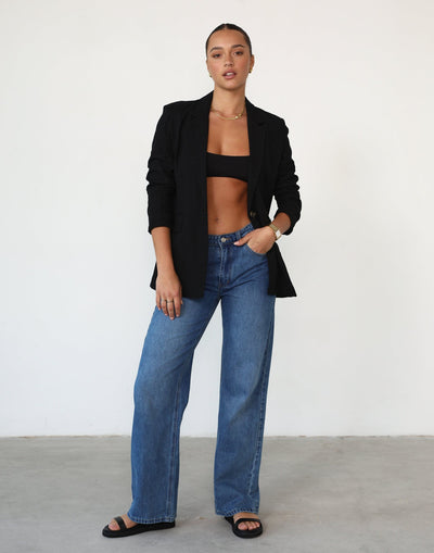 Rina Blazer (Black) - Oversized Single Button V Neck Blazer - Women's Outerwear - Charcoal Clothing