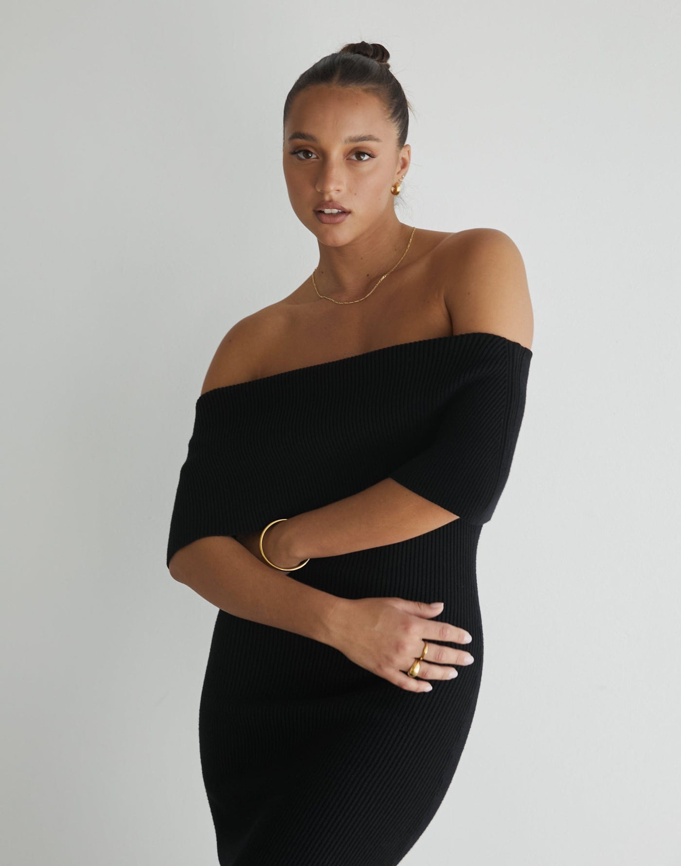 Ambiguity Maxi Dress (Black) - Black Knit Off The Shoulder Maxi Dress - Women's Dress - Charcoal Clothing