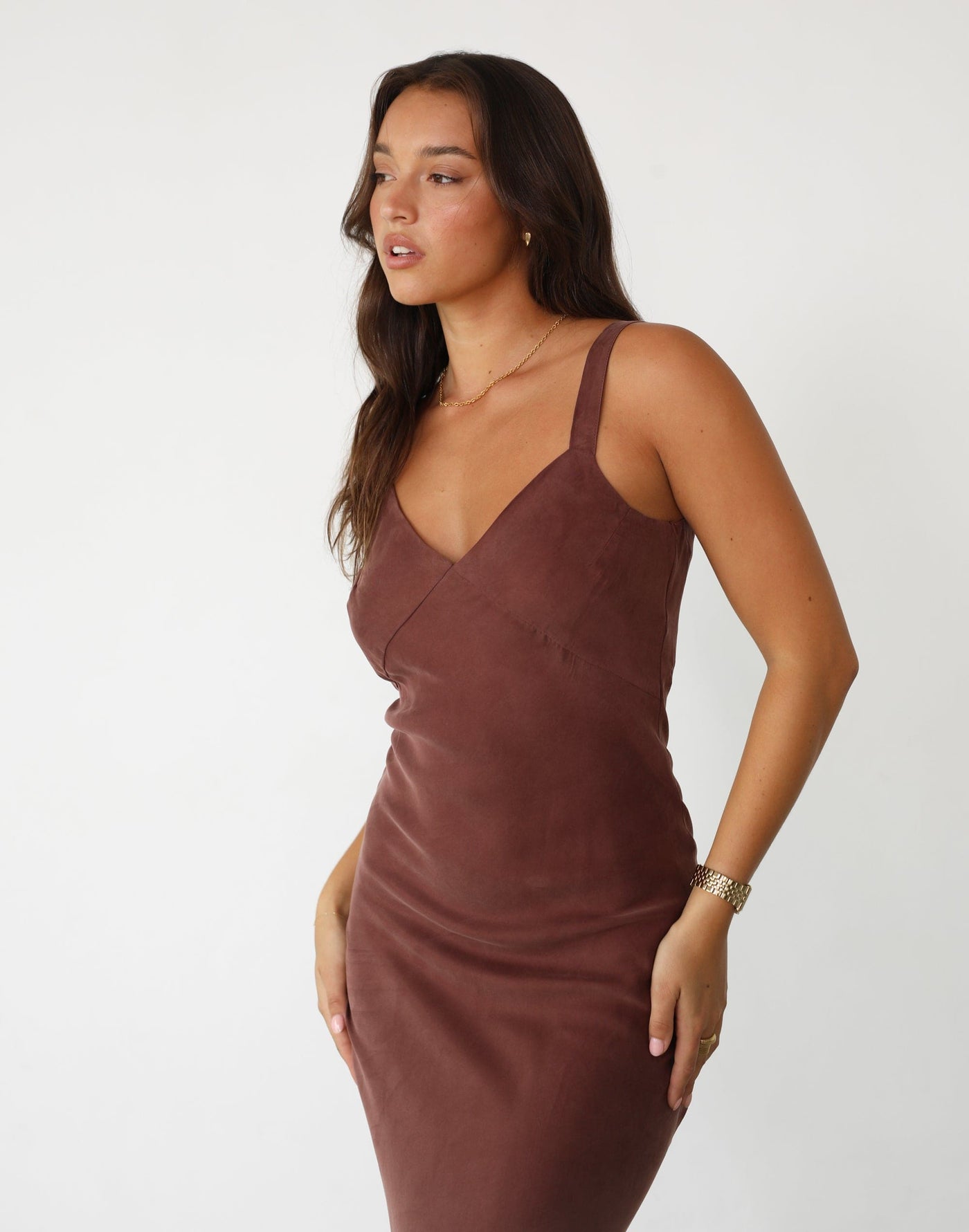 Amma Midi Dress (Chocolate) - Brown V-Neck Midi Dress - Women's Dress - Charcoal Clothing