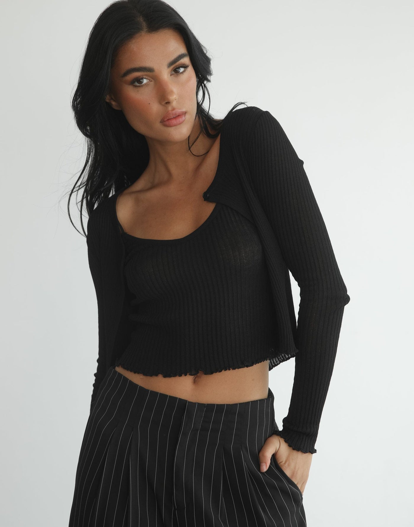 Kodie Two Piece Top (Black) - Black Cami and Cardigan Top - Women's Top - Charcoal Clothing