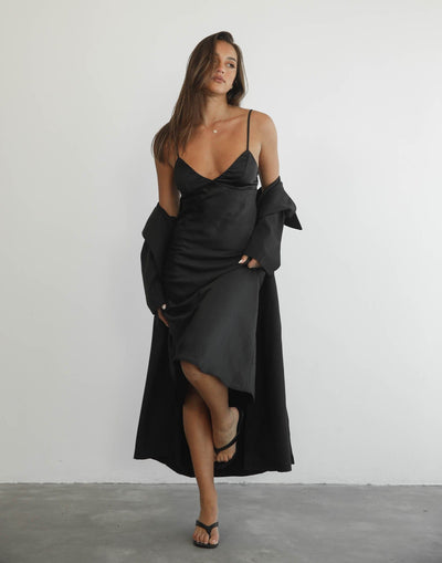 Romain Midi Dress (Black) - Black Silky Midi Dress - Women's Dress - Charcoal Clothing