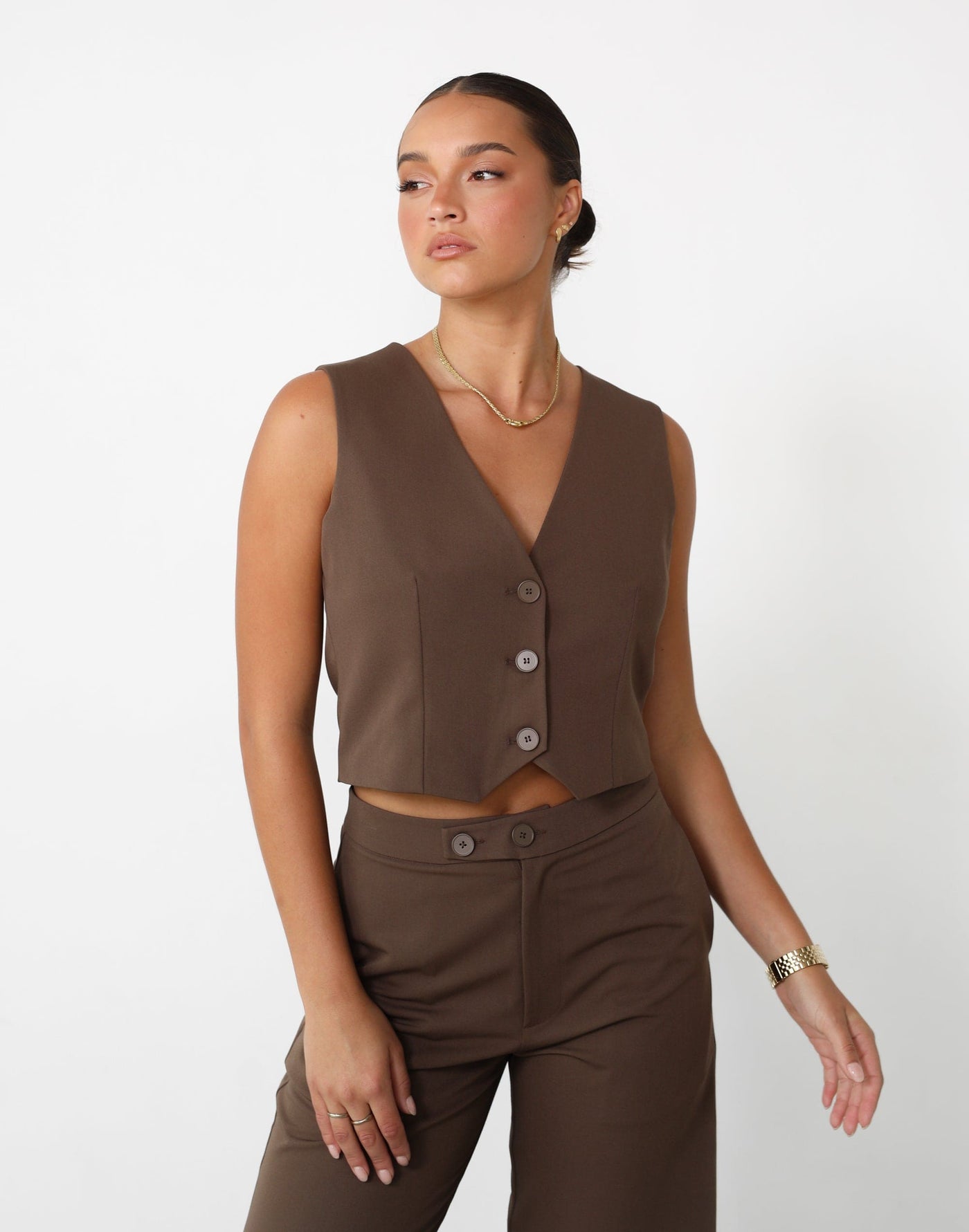 Astylar Vest Top (Coffee) - Button Closure Vest Top - Women's Top - Charcoal Clothing
