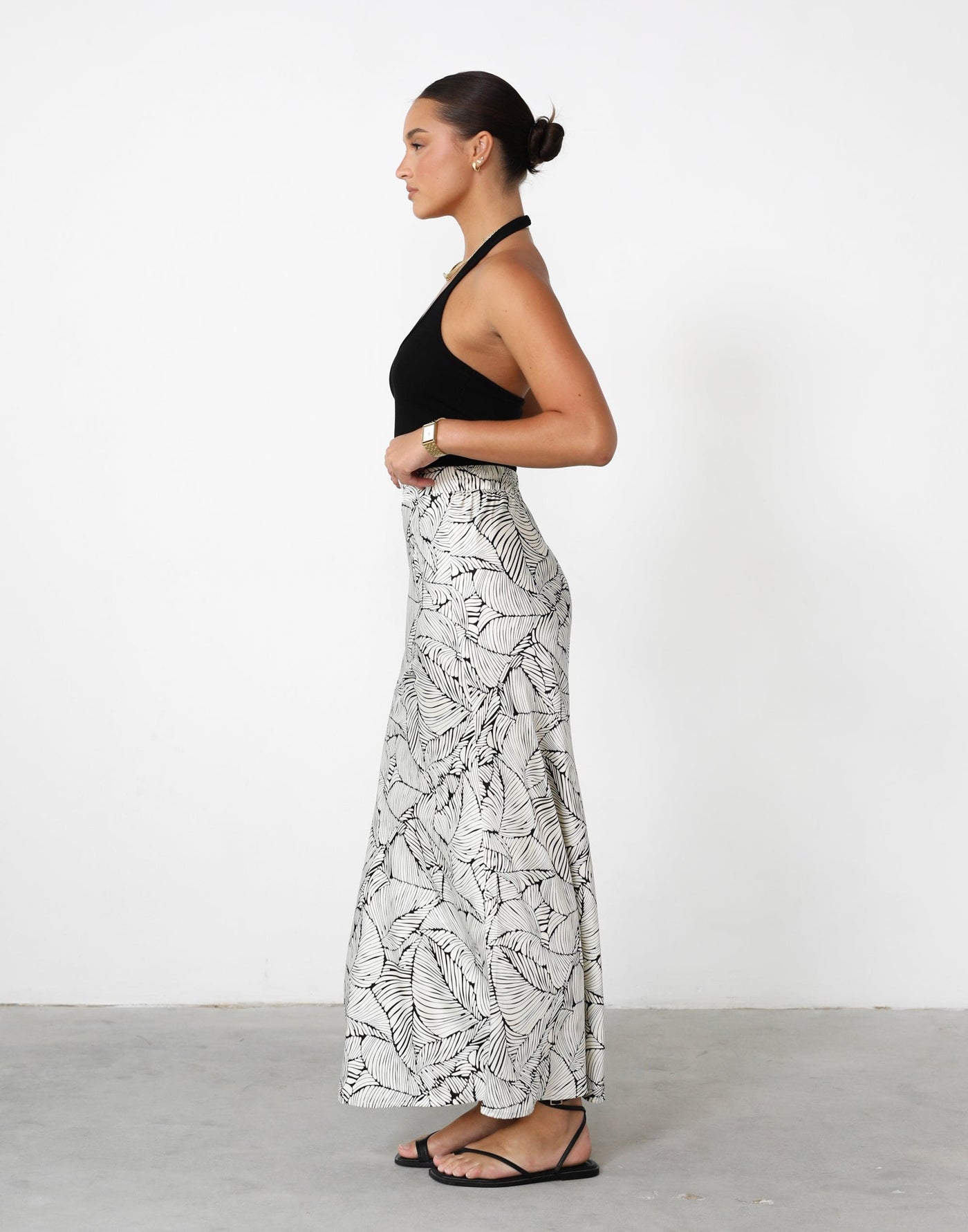 Teena Maxi Skirt (Cream/Black Print) - Floral Print Flowy Maxi Skirt - Women's Skirt - Charcoal Clothing