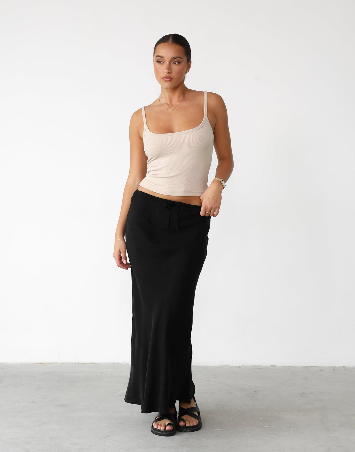 Amalie Maxi Skirt (Black) - Black Elasticated Tie Up Maxi Skirt - Women's Skirt - Charcoal Clothing