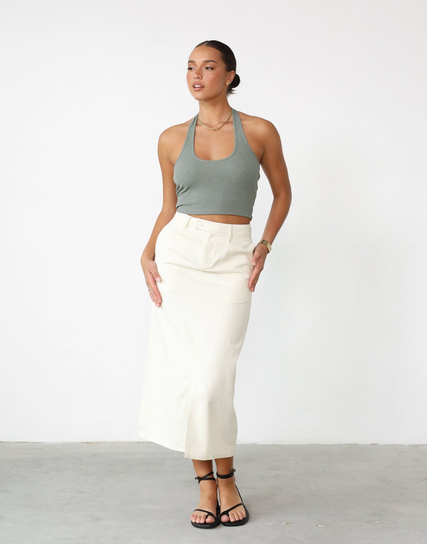 Leiya Midi Skirt (Beige) - Denim-like Maxi Skirt with Split - Women's Skirt - Charcoal Clothing