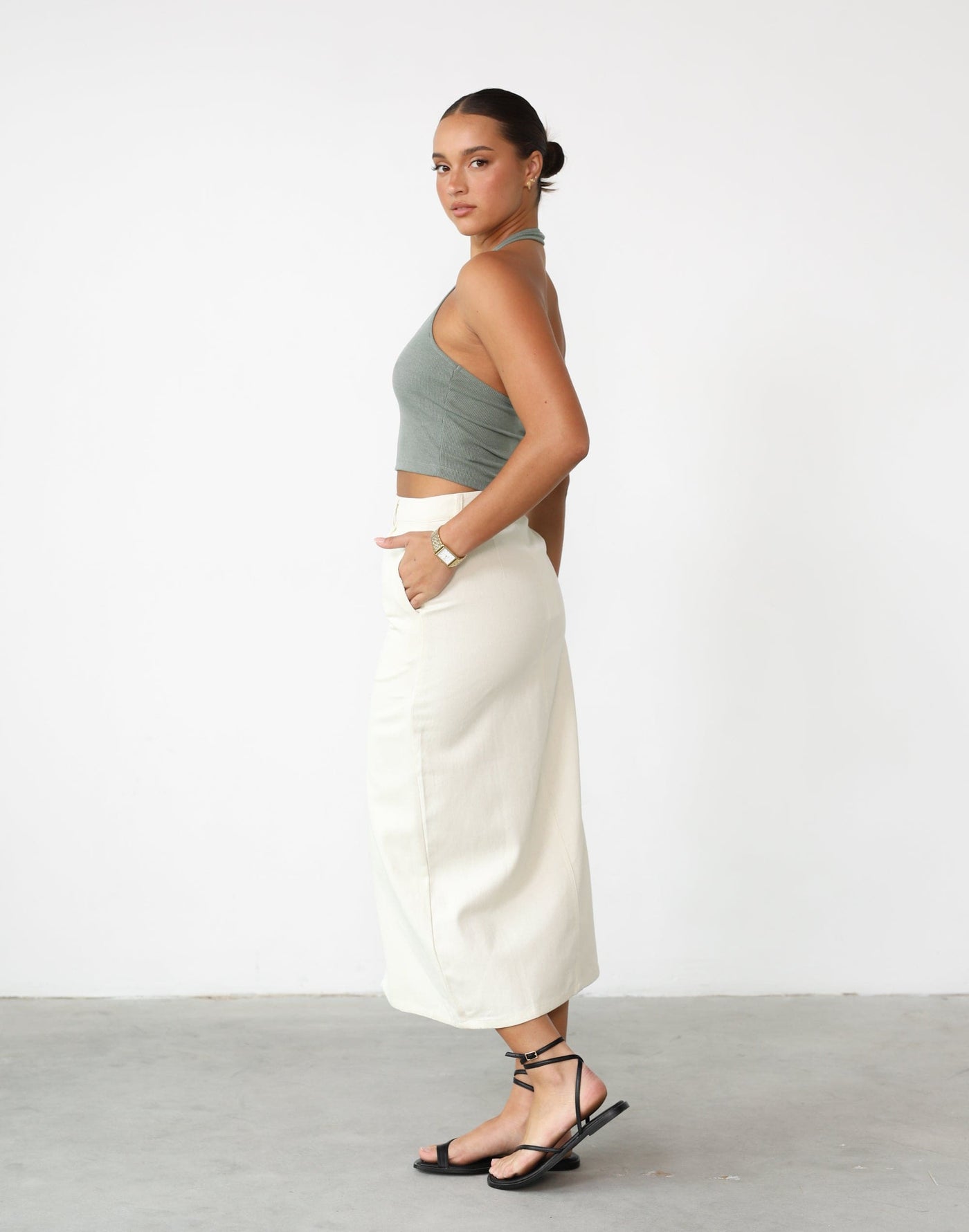 Leiya Midi Skirt (Beige) - Denim-like Maxi Skirt with Split - Women's Skirt - Charcoal Clothing