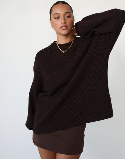 Cody Oversized Jumper (Chocolate) - Oversized Crew Neck Brown Knit Jumper - Women's Top - Charcoal Clothing