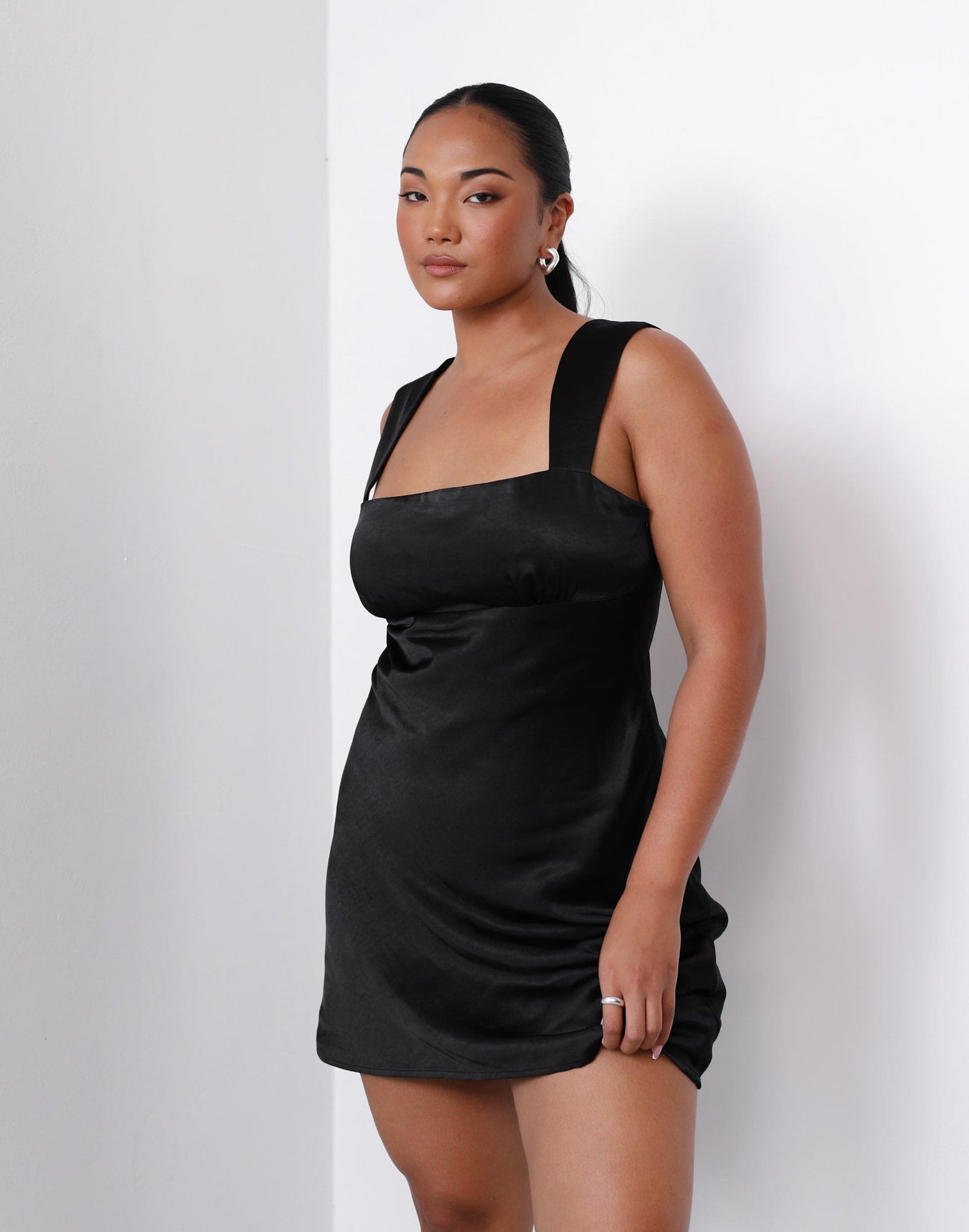 Mimosa Mini Dress (Black) | Charcoal Clothing Exclusive - Satin Soft Sweetheart Neckline Fred Skirt Mini - Women's Dress - Charcoal Clothing