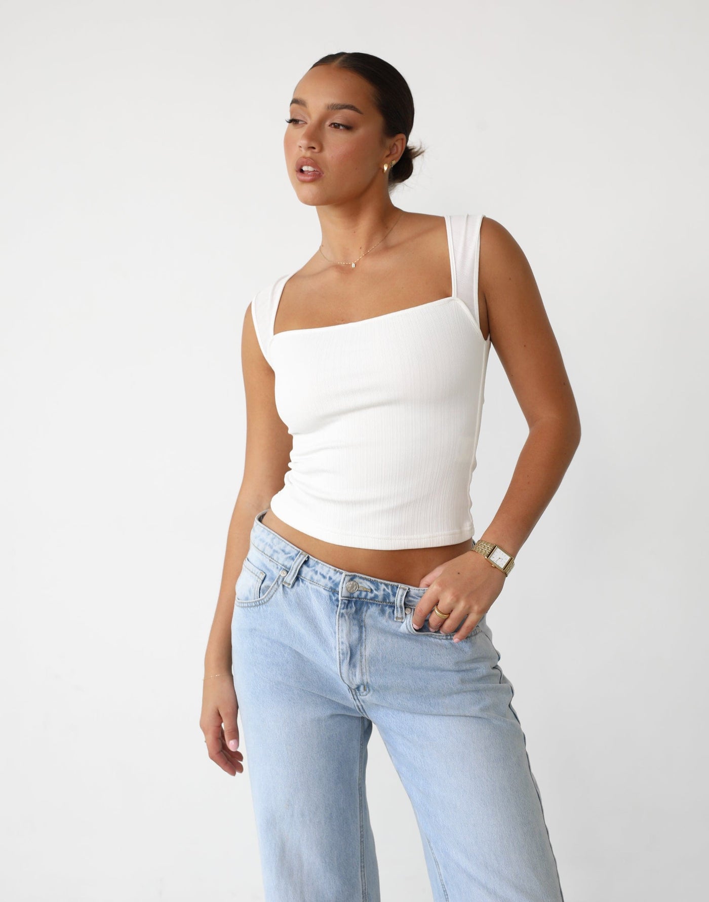 Avi Top (White) - White Thick Strap Straight Neckline Top - Women's Top - Charcoal Clothing