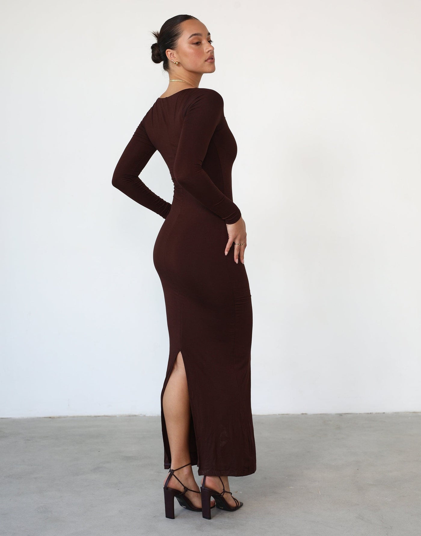 Eyes On Me Maxi Dress (Cocoa) - Long Sleeved Fitted Square Neck Maxi - Women's Dress - Charcoal Clothing