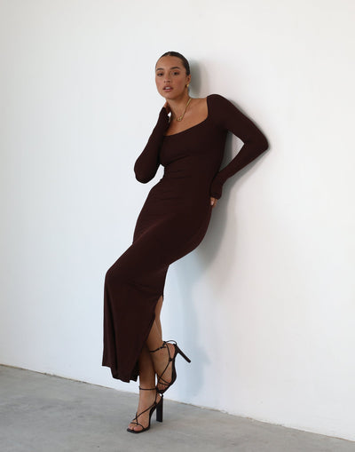 Eyes On Me Maxi Dress (Cocoa) - Long Sleeved Fitted Square Neck Maxi - Women's Dress - Charcoal Clothing