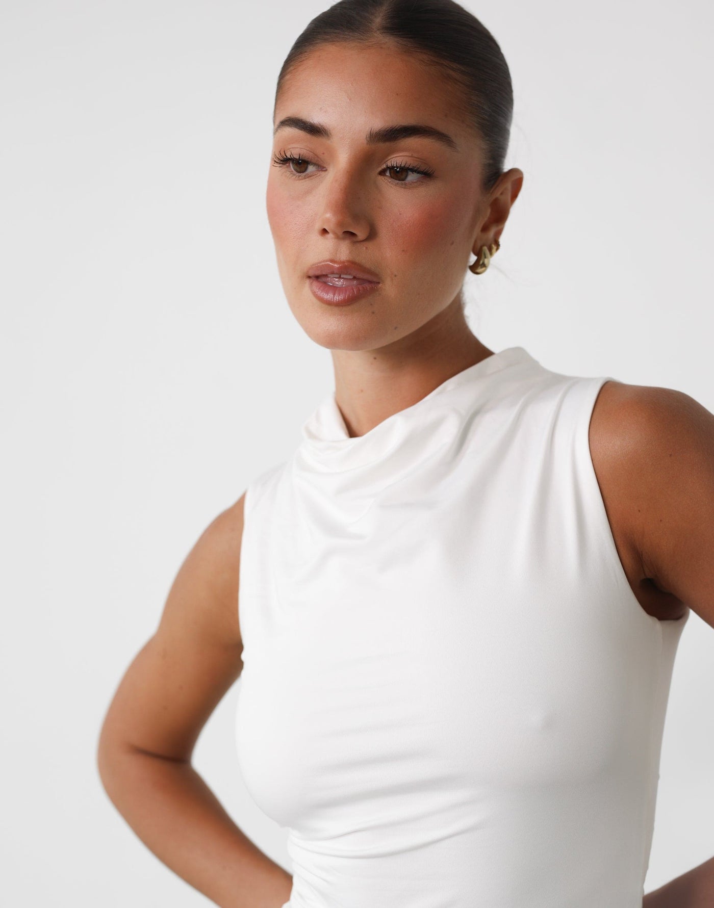 Madison Top (White) - High Cowl Neck Bodycon Top - Women's Top - Charcoal Clothing