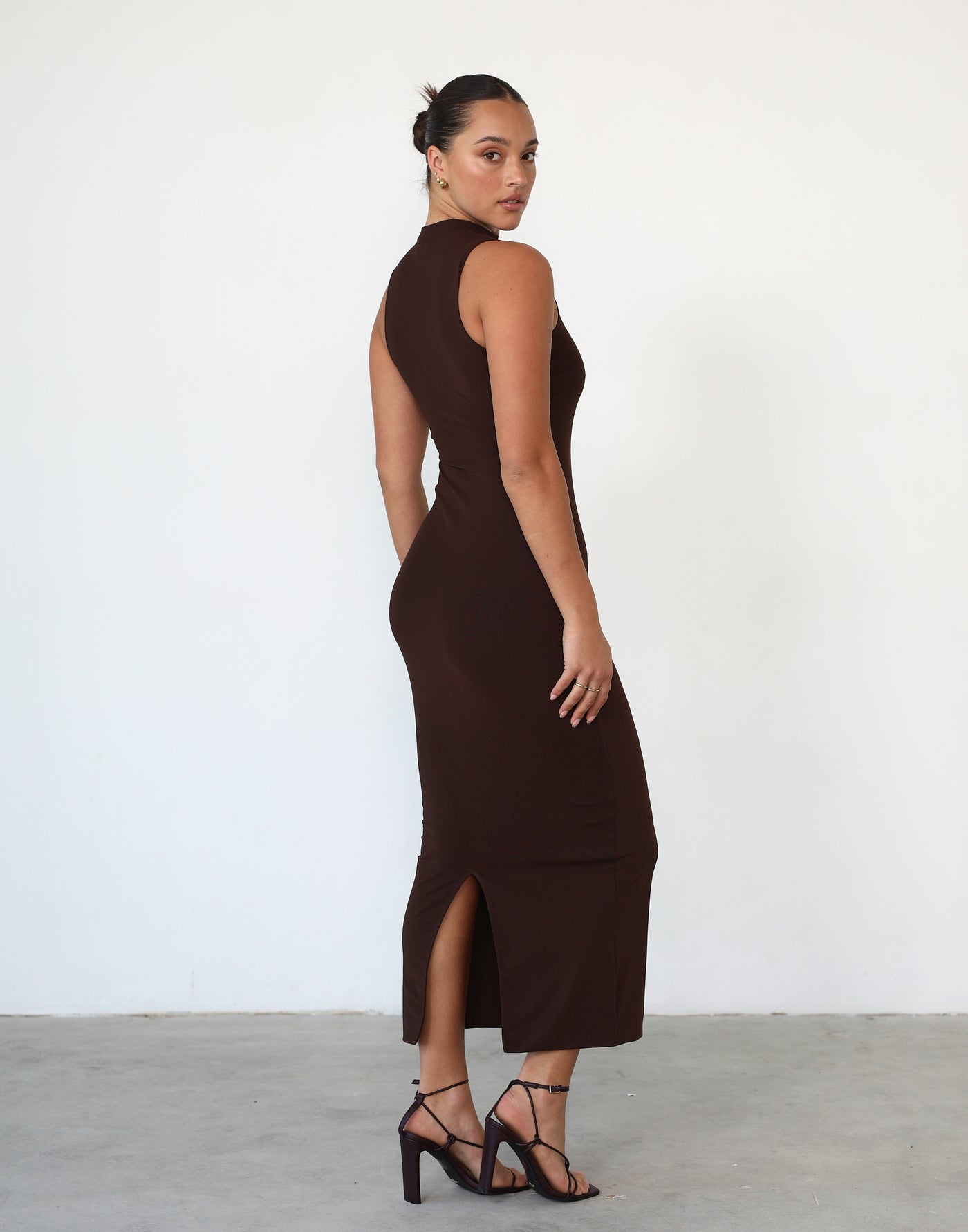 Breaking News Mesh Maxi Dress (Cocoa) - Brown High Neck Mesh Maxi Dress - Women's Dress - Charcoal Clothing