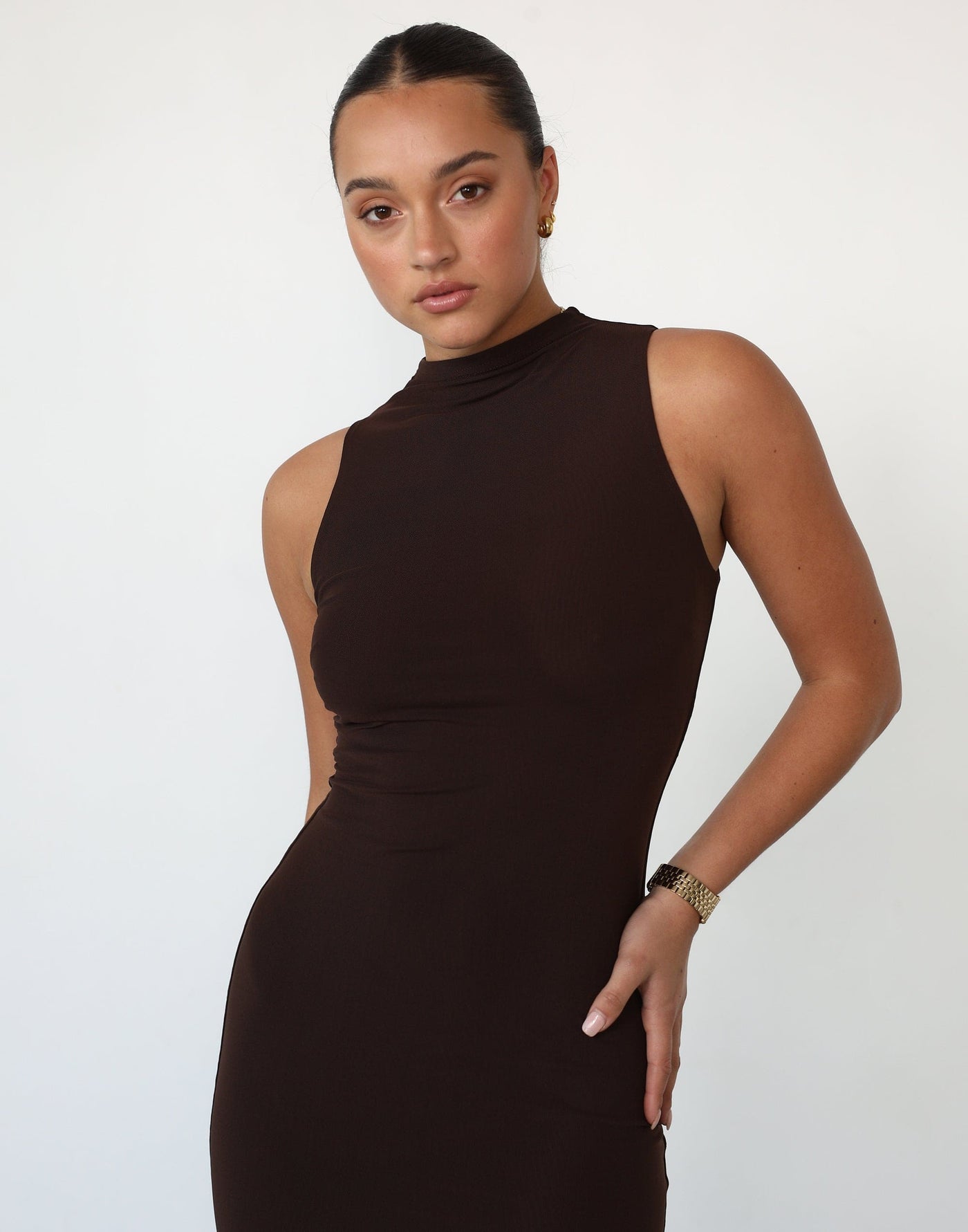 Breaking News Mesh Maxi Dress (Cocoa) - Brown High Neck Mesh Maxi Dress - Women's Dress - Charcoal Clothing