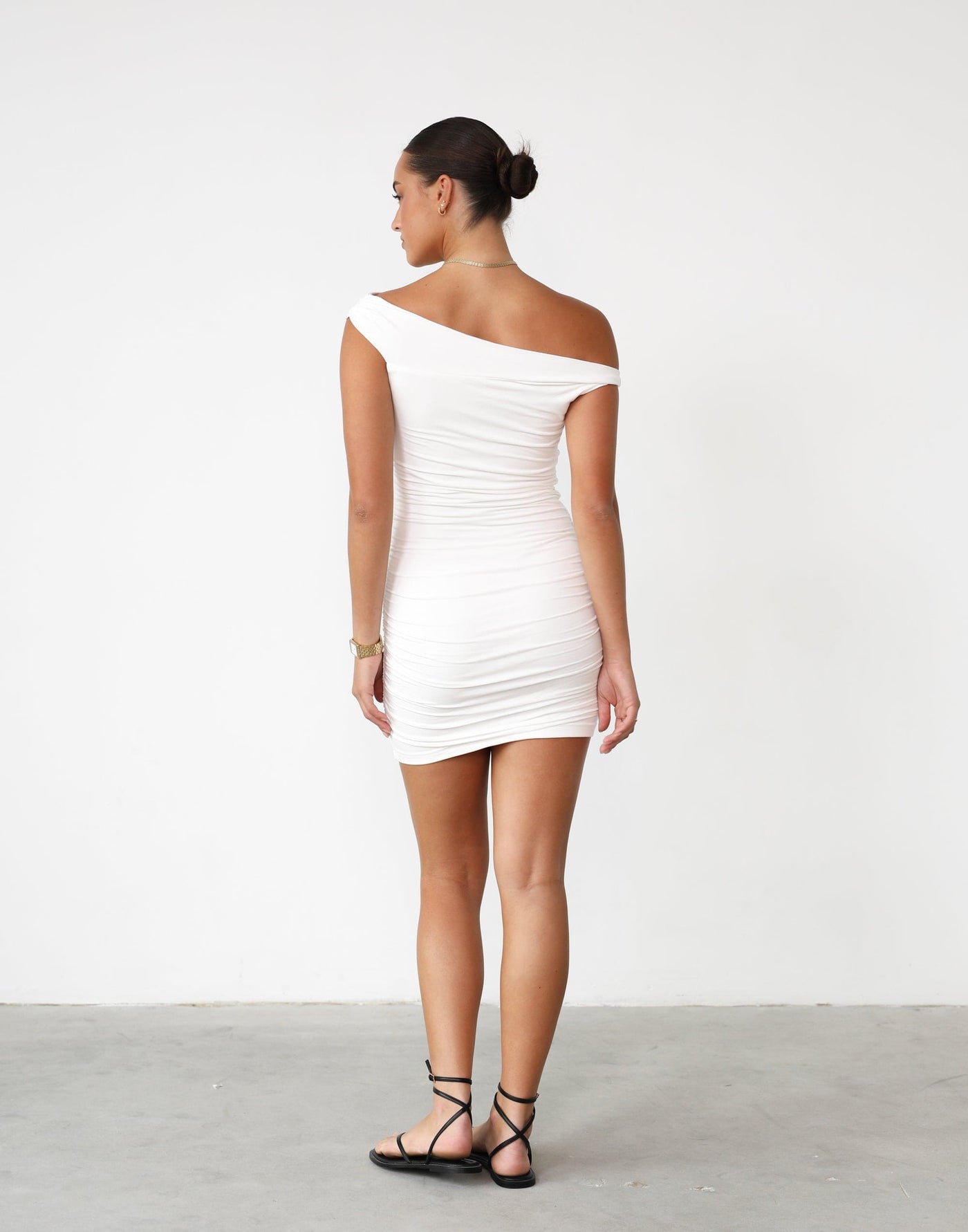 Jojo Mini Dress (White) - Asymmetrical Neckline Ruched Mini Dress - Women's Dress - Charcoal Clothing