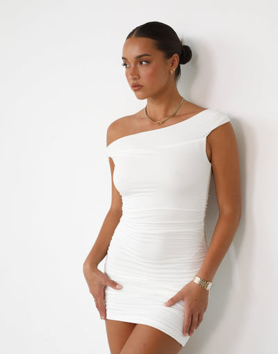 Jojo Mini Dress (White) - Asymmetrical Neckline Ruched Mini Dress - Women's Dress - Charcoal Clothing