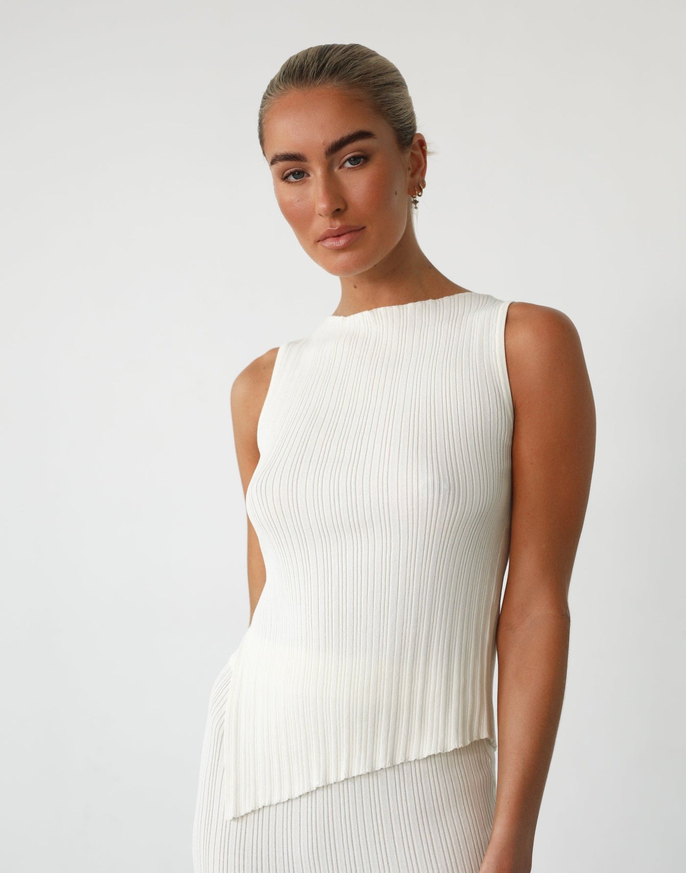 Kienna Top (White) - Asymmetrical Ribbed Sleeveless Top - Women's Top - Charcoal Clothing