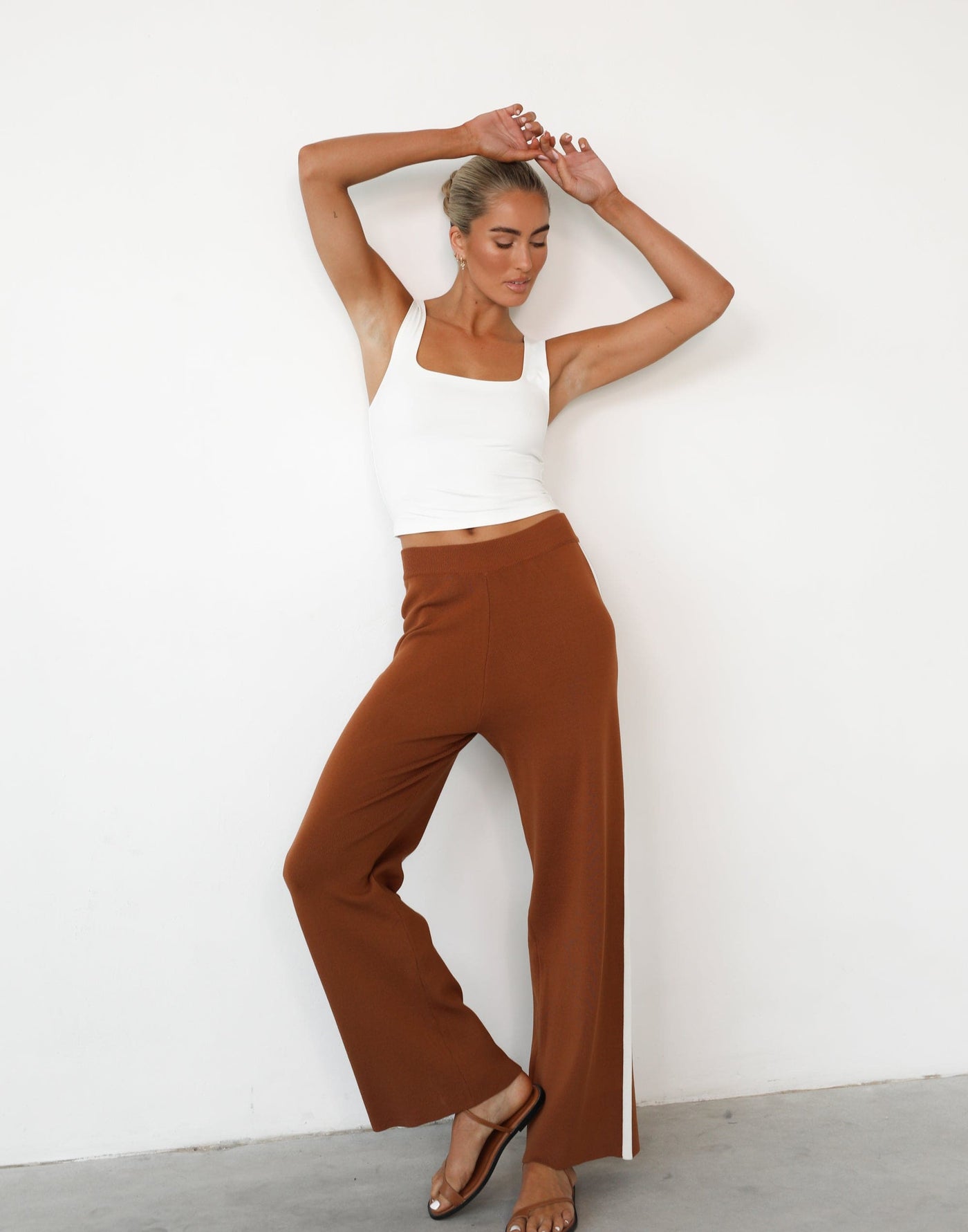 Janine Pants (Cinnamon) - High Rise Knit Wide Leg Pants - Women's Pants - Charcoal Clothing