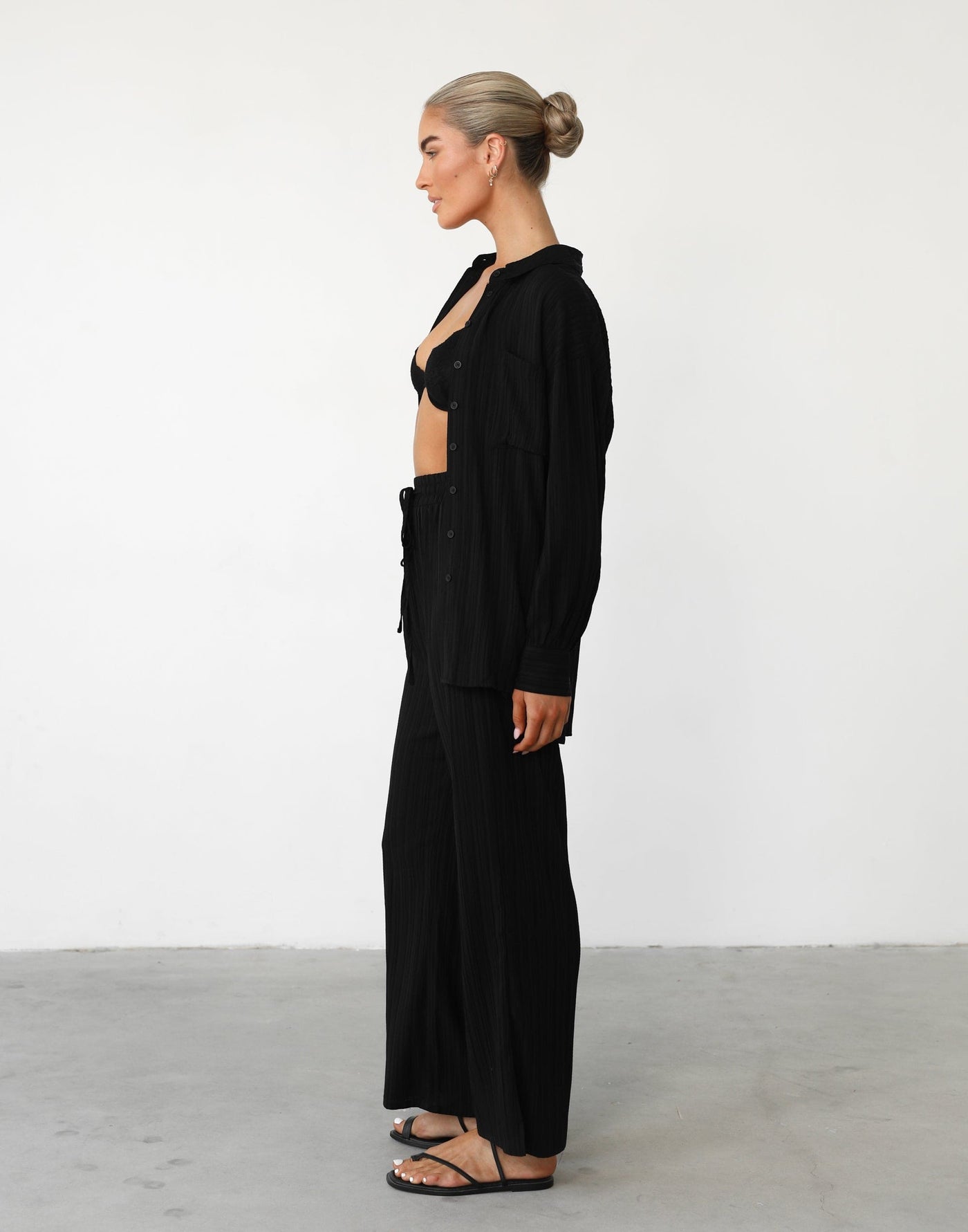 Ria Pants (Black) - Textured Adjustable Tie Up Waist Wide Leg Pants - Women's Top - Charcoal Clothing