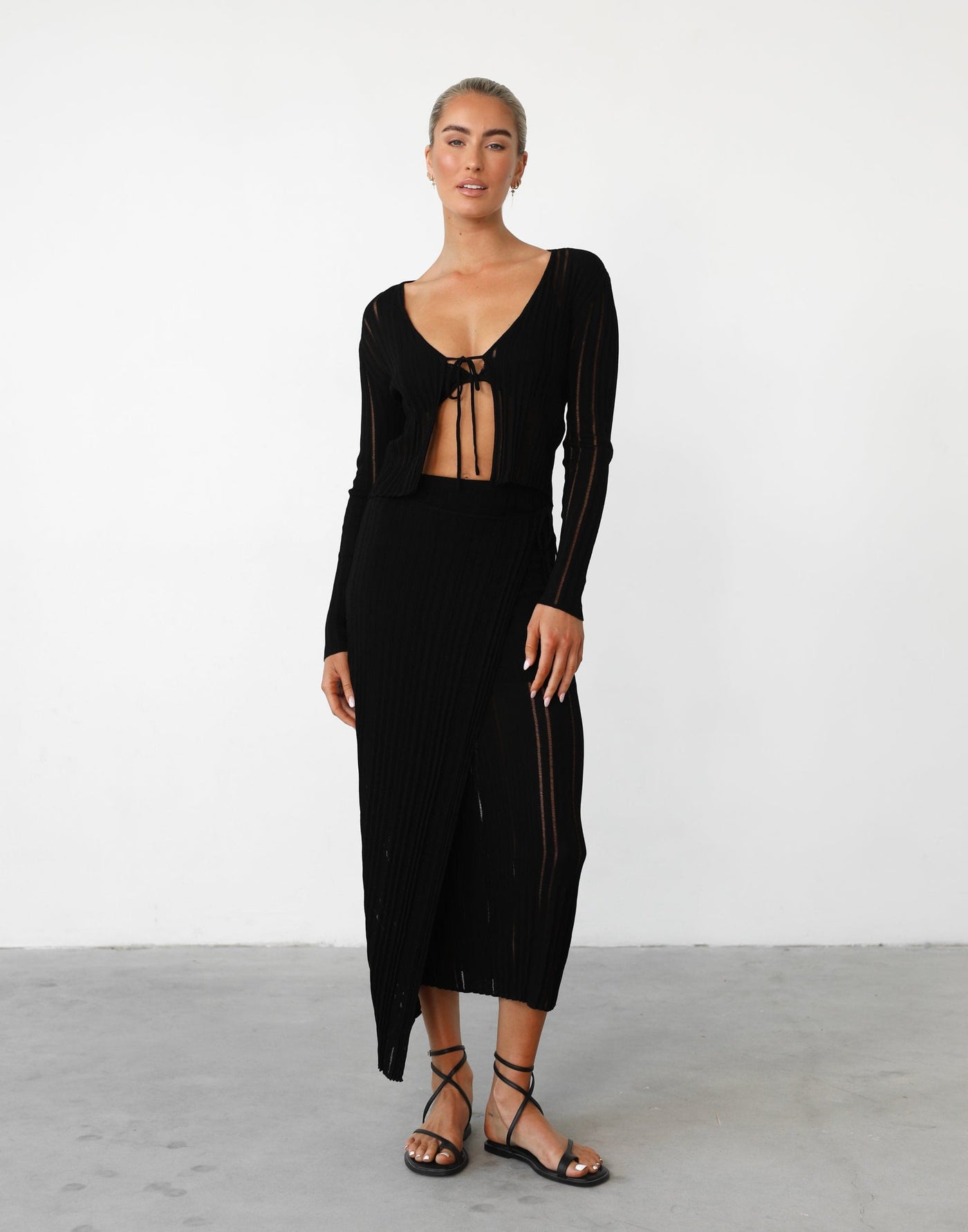 Krystelle Maxi Skirt (Black) - Distressed Knit High Rise Maxi Skirt - Women's Skirt - Charcoal Clothing