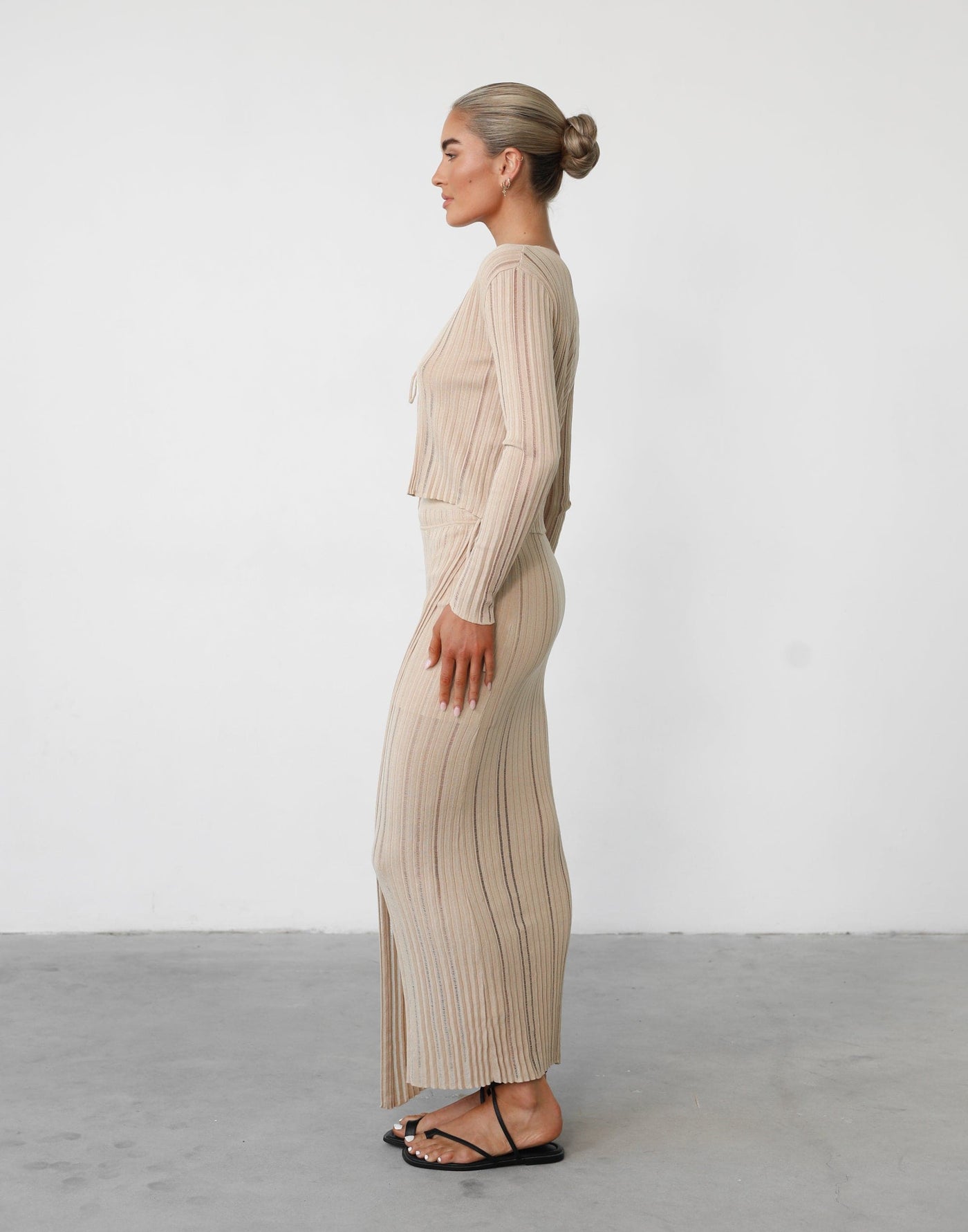Krystelle Maxi Skirt (Beige) - Distressed Knit High Rise Maxi Skirt - Women's Skirt - Charcoal Clothing