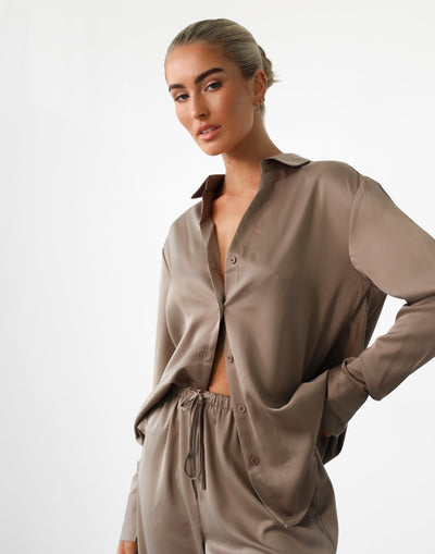 Martha Long Sleeve Shirt (Ash) - Satin Button Up Relaxed Shirt - Women's Top - Charcoal Clothing