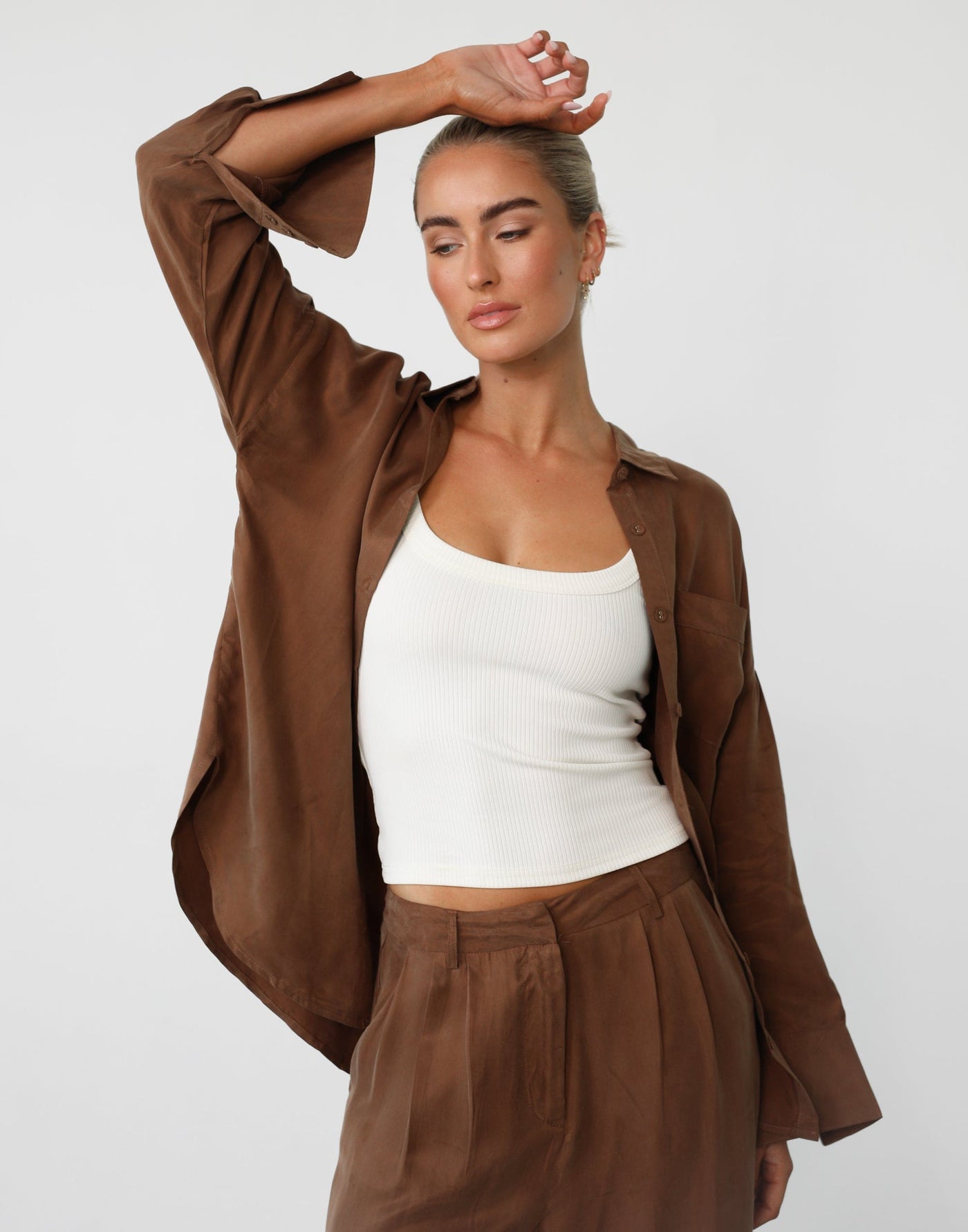 Ranna Long Sleeve Shirt (Mocha) - Button Up Relaxed Fit Shirt - Women's Top - Charcoal Clothing
