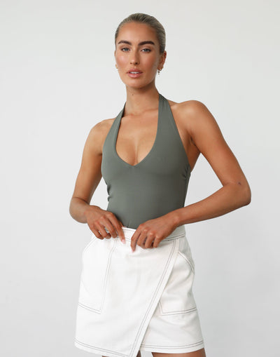 Amira Bodysuit (Khaki) - Halter Open Back Deep V Bodysuit - Women's Top - Charcoal Clothing