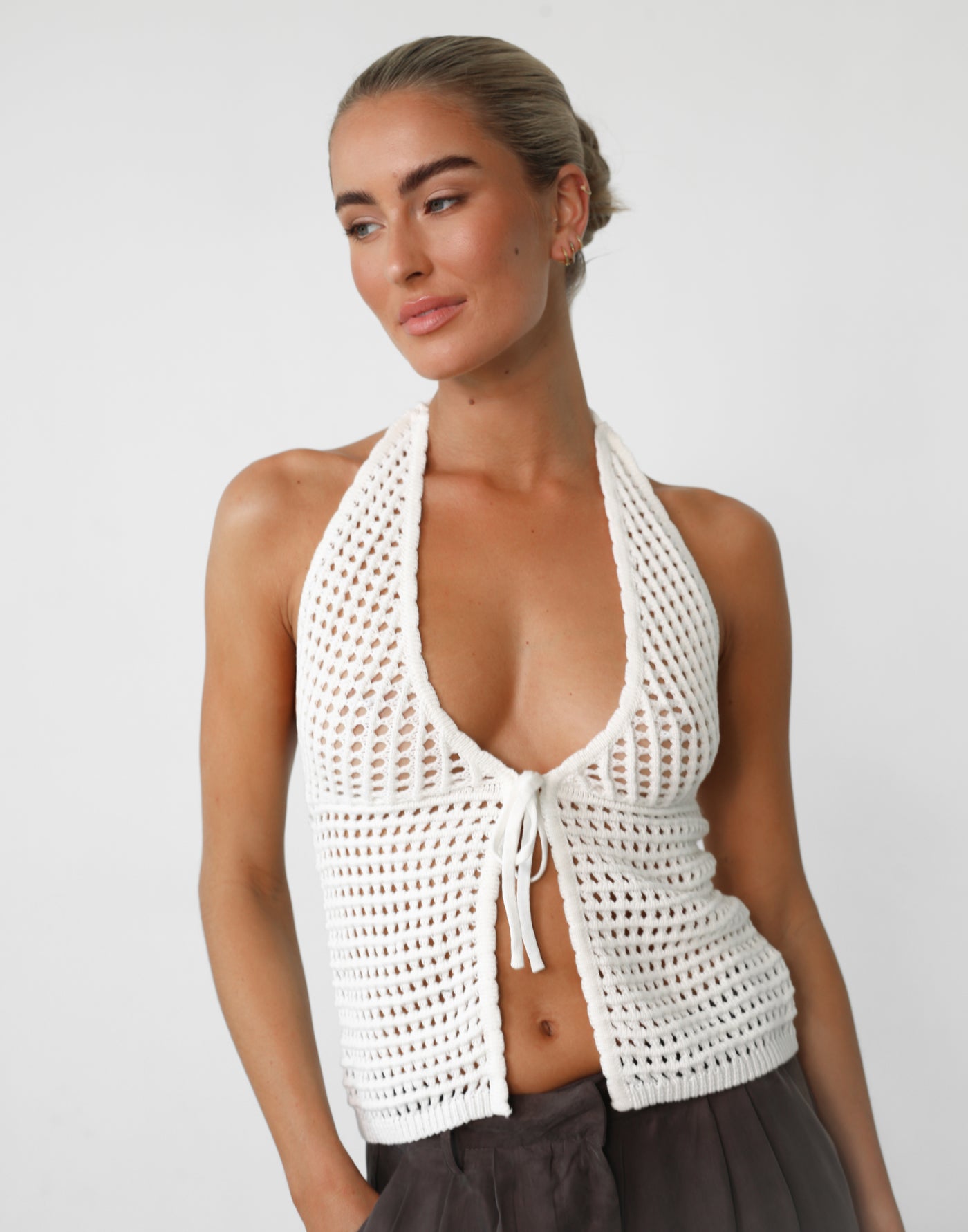 Wild Soul Crochet Top (White) - V-neck Tie-up Top - Women's Top - Charcoal Clothing