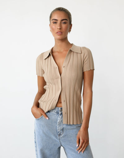 Fran Top (Camel) - Ribbed Knit Button Detail Top - Women's Top - Charcoal Clothing