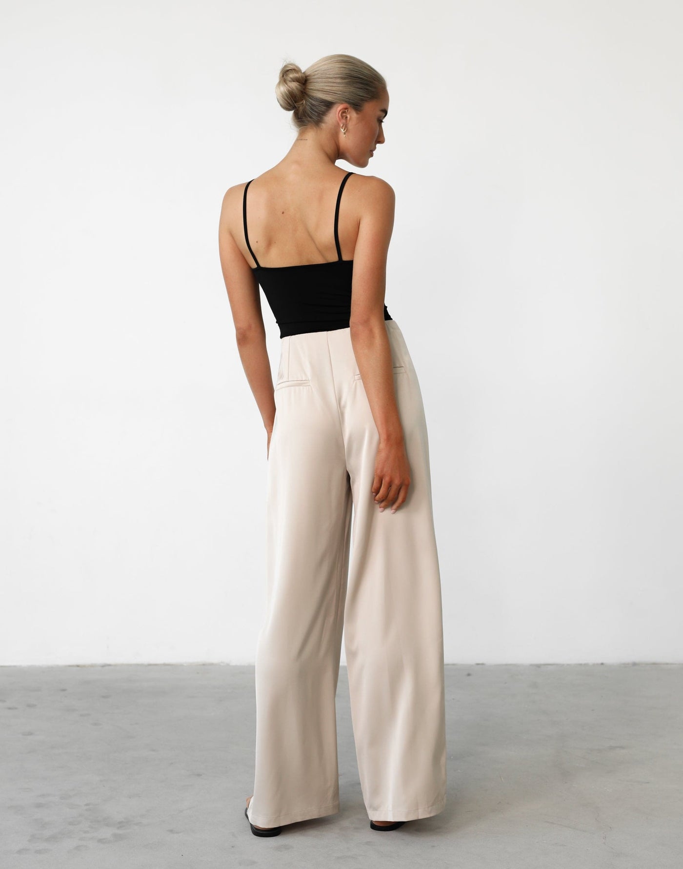 Yzabelle Pants (Beige) - Satin High Waisted Wide Leg Pant - Women's Pants - Charcoal Clothing