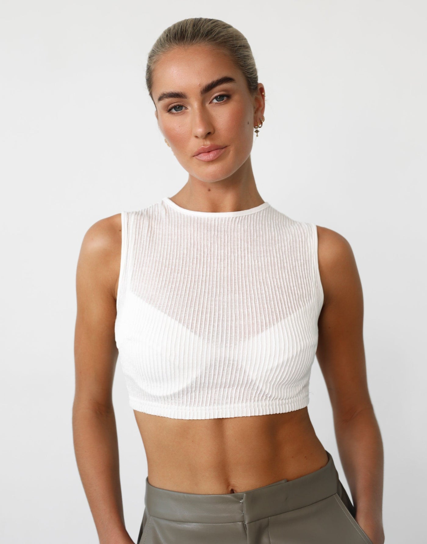 Kinetic Crop Top (White) - High Neck Textured Crop Top - Women's Top - Charcoal Clothing