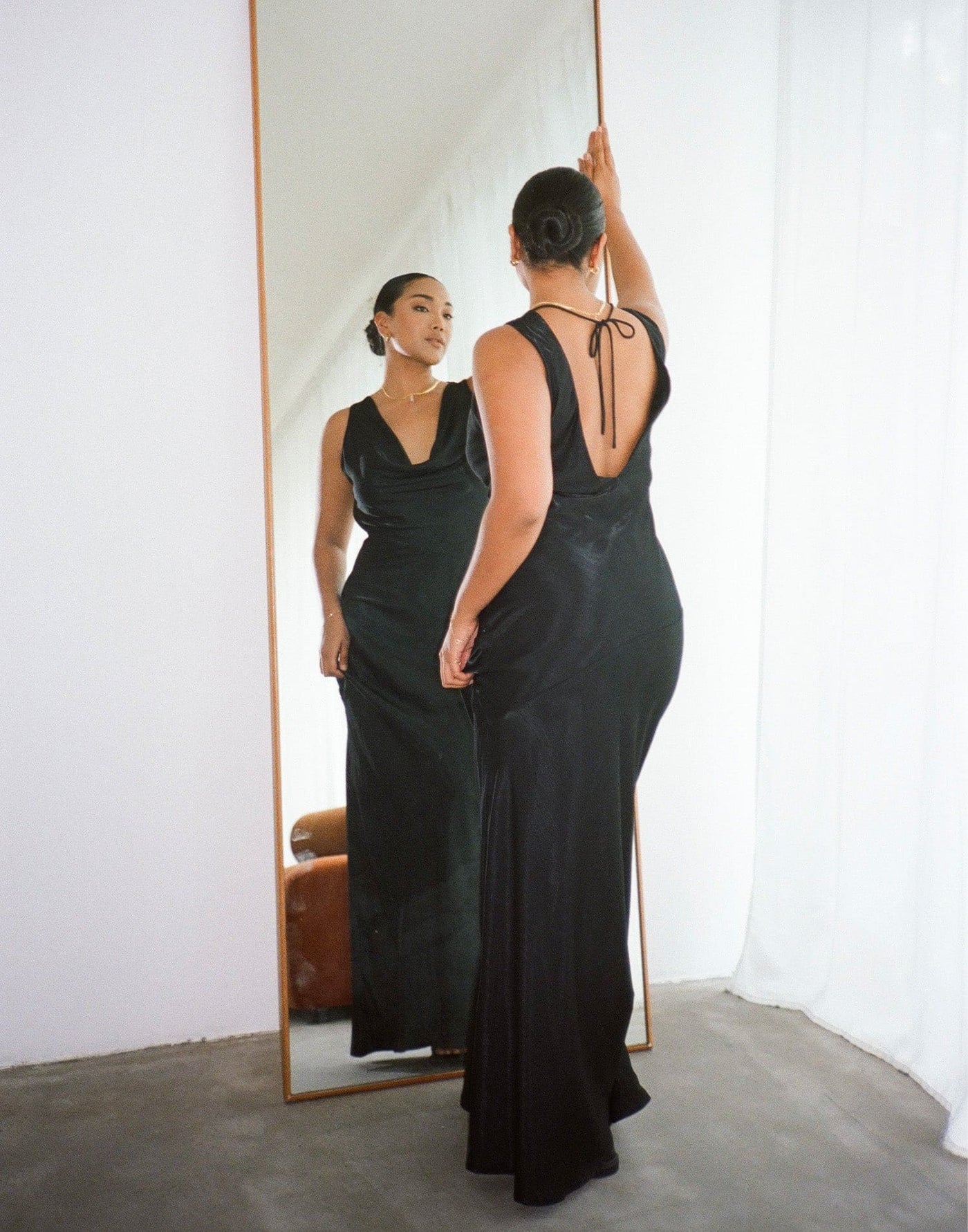 Imogen Maxi Dress (Black) - Cowl Neck Low Back Satin Maxi Dress - Women's Dress - Charcoal Clothing